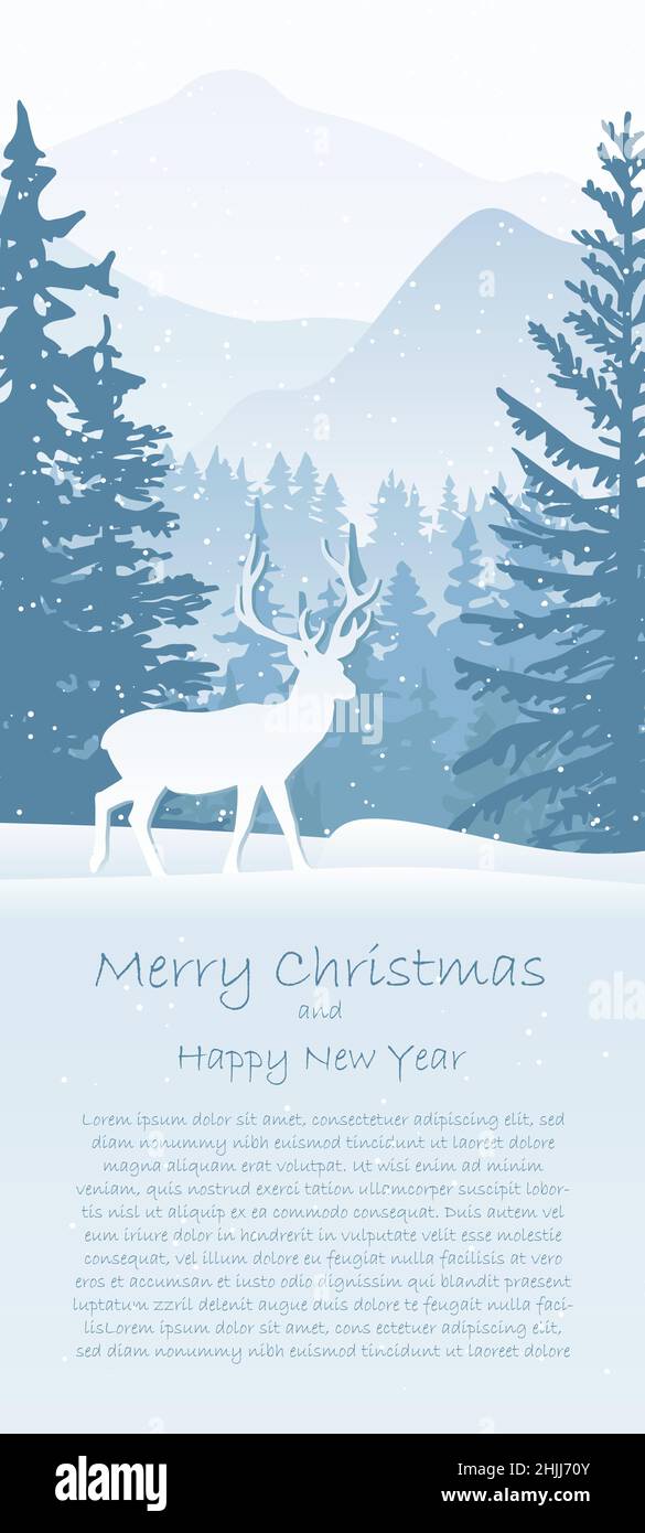 Weihnachtskarte mit Winterlandschaft. Hirsche im Schnee, Wald und Berge im Hintergrund. Magisch neblige Natur, Schneeflocke. Frohe Weihnachten und ein glückliches Neues Stock Vektor