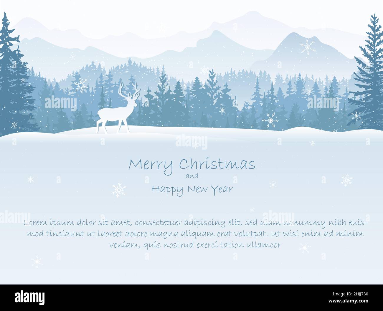 Weihnachtskarte mit Winterlandschaft. Hirsche im Schnee, Wälder und Berge im Hintergrund. Magische neblige Natur, wilde Tiere. Frohe Weihnachten, Frohes neues Jahr. Stock Vektor