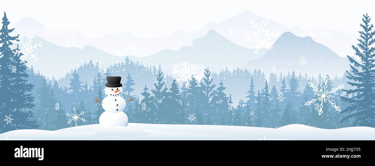 Weihnachtskarte mit Winterlandschaft. Schneemann im Schnee, Wald und Berge im Hintergrund. Magische neblige Natur, Schneeflocke. Frohe Weihnachten, Frohe Neuigkeit Stock Vektor