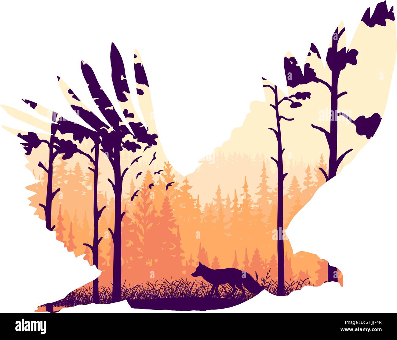 Magischer Nebelwald in der Silhouette eines Geier-Raubtiers. Bäume, Fuchs auf Wiese im Gras, Vögel. Orange und violette Wildlandschaft Illustration. Greifvögel Stock Vektor