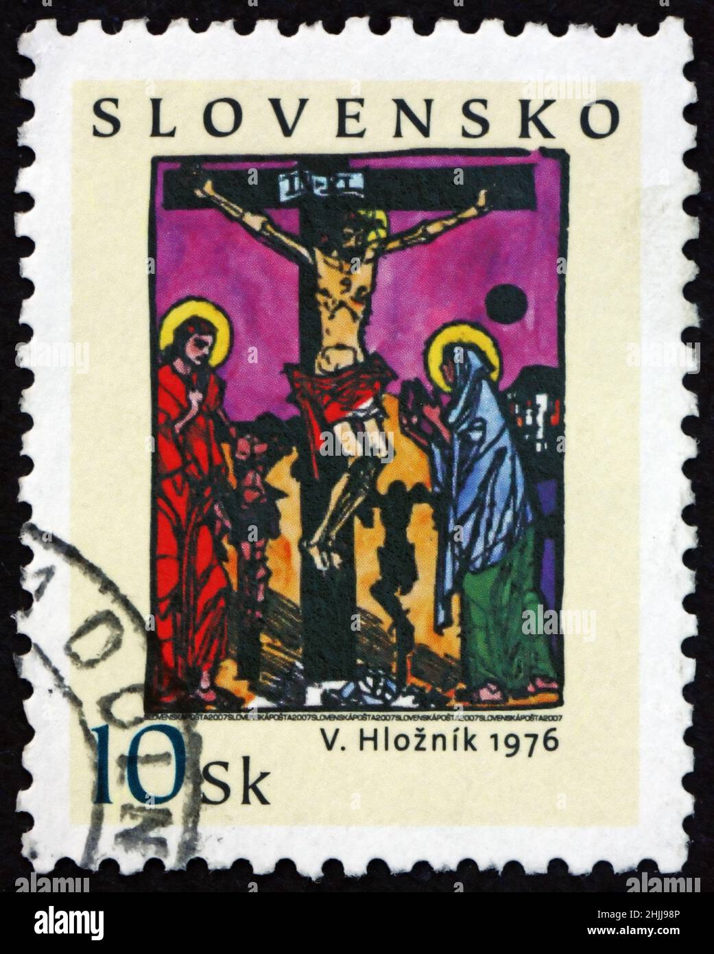 SLOWAKEI - UM 2007: Eine in der Slowakei gedruckte Marke zeigt die Kreuzigung, von Vincent Hloznik, Ostern, um 2007 Stockfoto