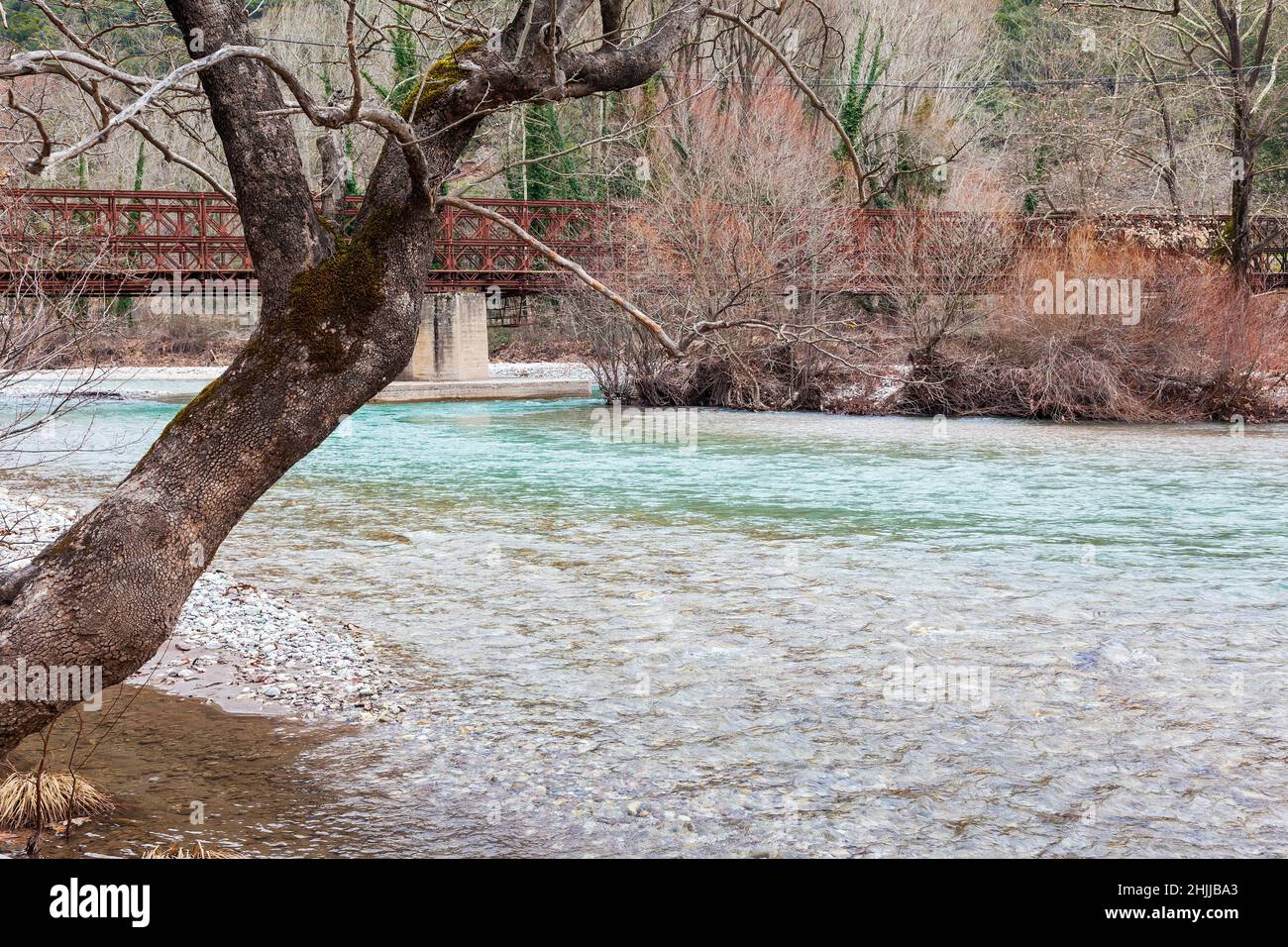 Fluss Tavropos, auch Megdovas genannt, fließt in der Bergregion Agrafa, in der Nähe von Karpenisi Stadt, in Zentral-Griechenland, Europa. Stockfoto