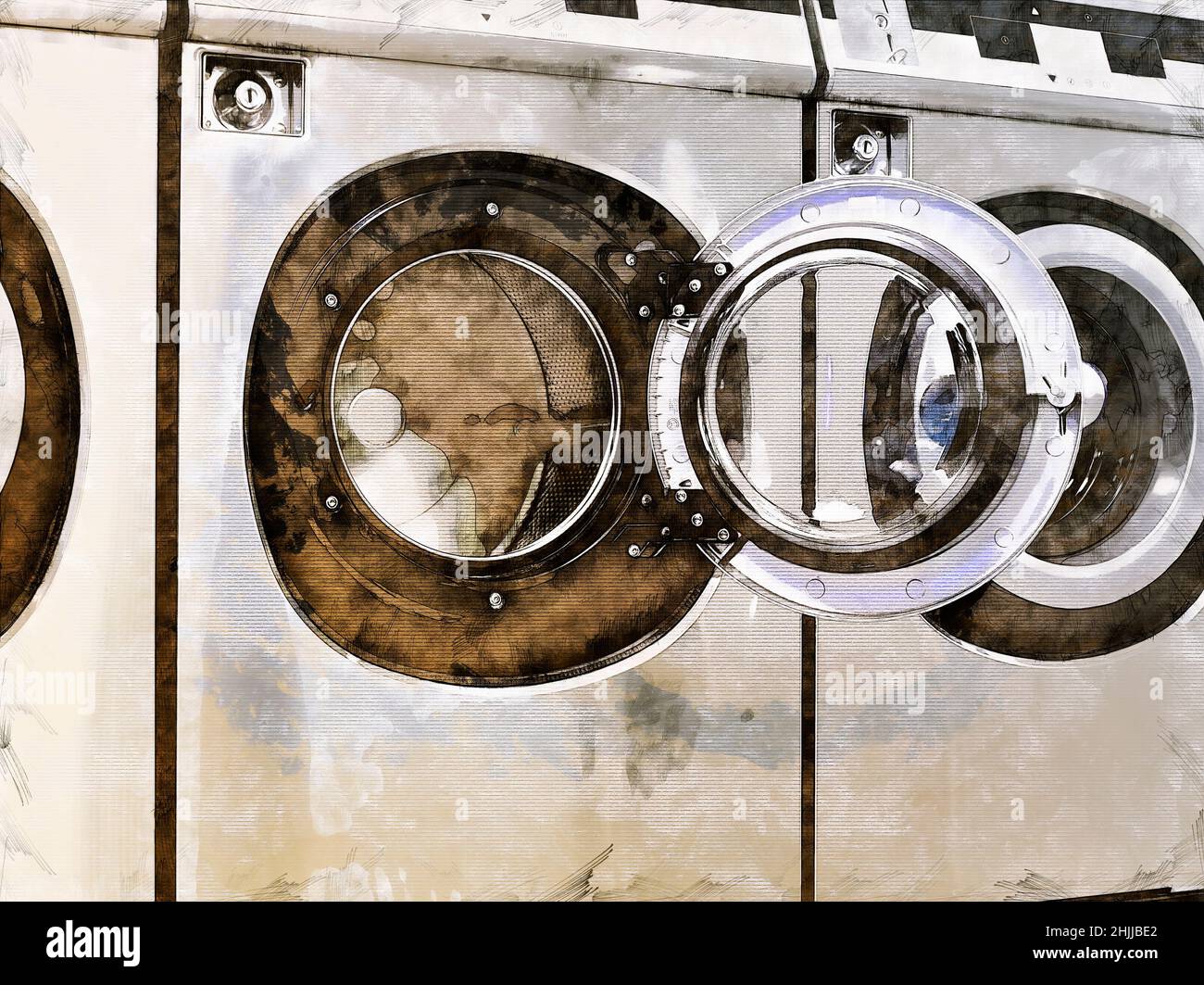 Illustration Skizze einer industriellen Waschmaschine in einem öffentlichen Waschsalon Stockfoto