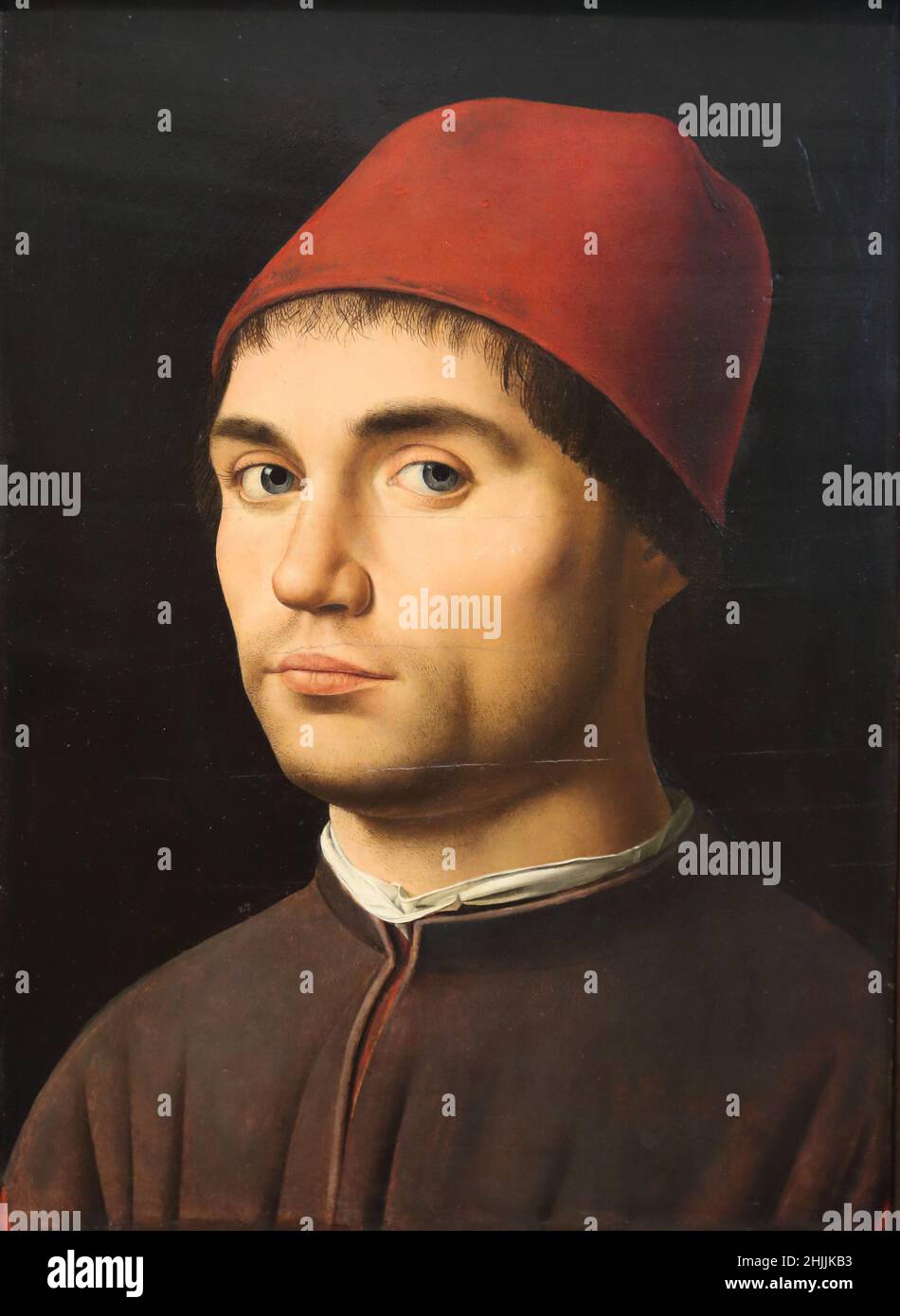 Porträt eines jungen Mannes des italienischen Renaissance-Malers Antonello da Messina in der National Gallery, London, Großbritannien Stockfoto