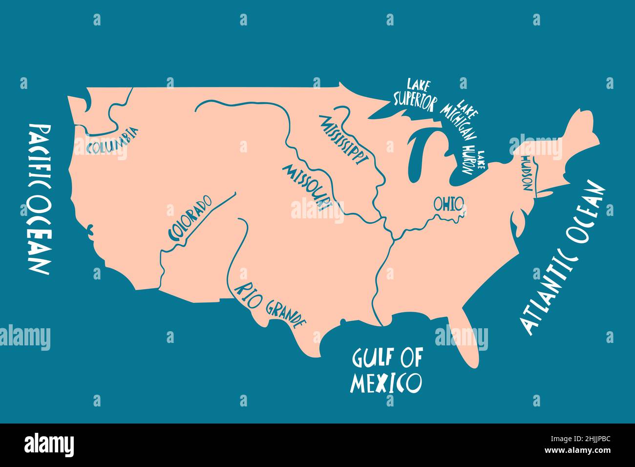 Vektor Hand gezeichnete stilisierte Karte der Vereinigten Staaten von Amerika mit Flüssen. Reisedarstellung der USA-Form. Nordamerika-Kartenelement Stock Vektor