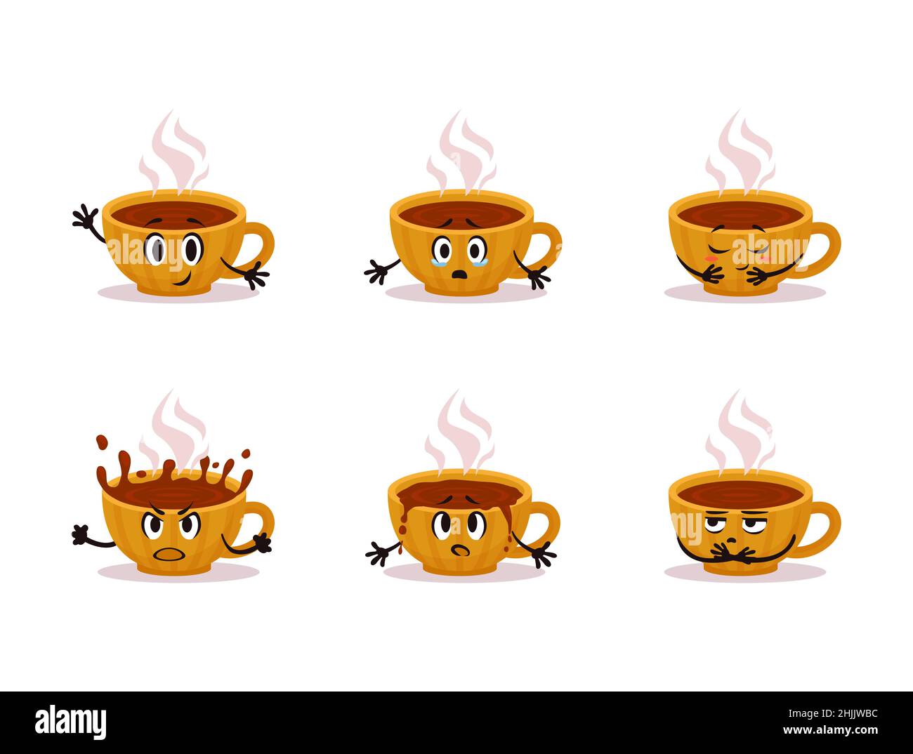 Cartoon Vektor gelbe Tasse heißen Tee Emotionen Pack. Kleiner kuscheliger Keramikbecher-Charakteraufkleber Stock Vektor