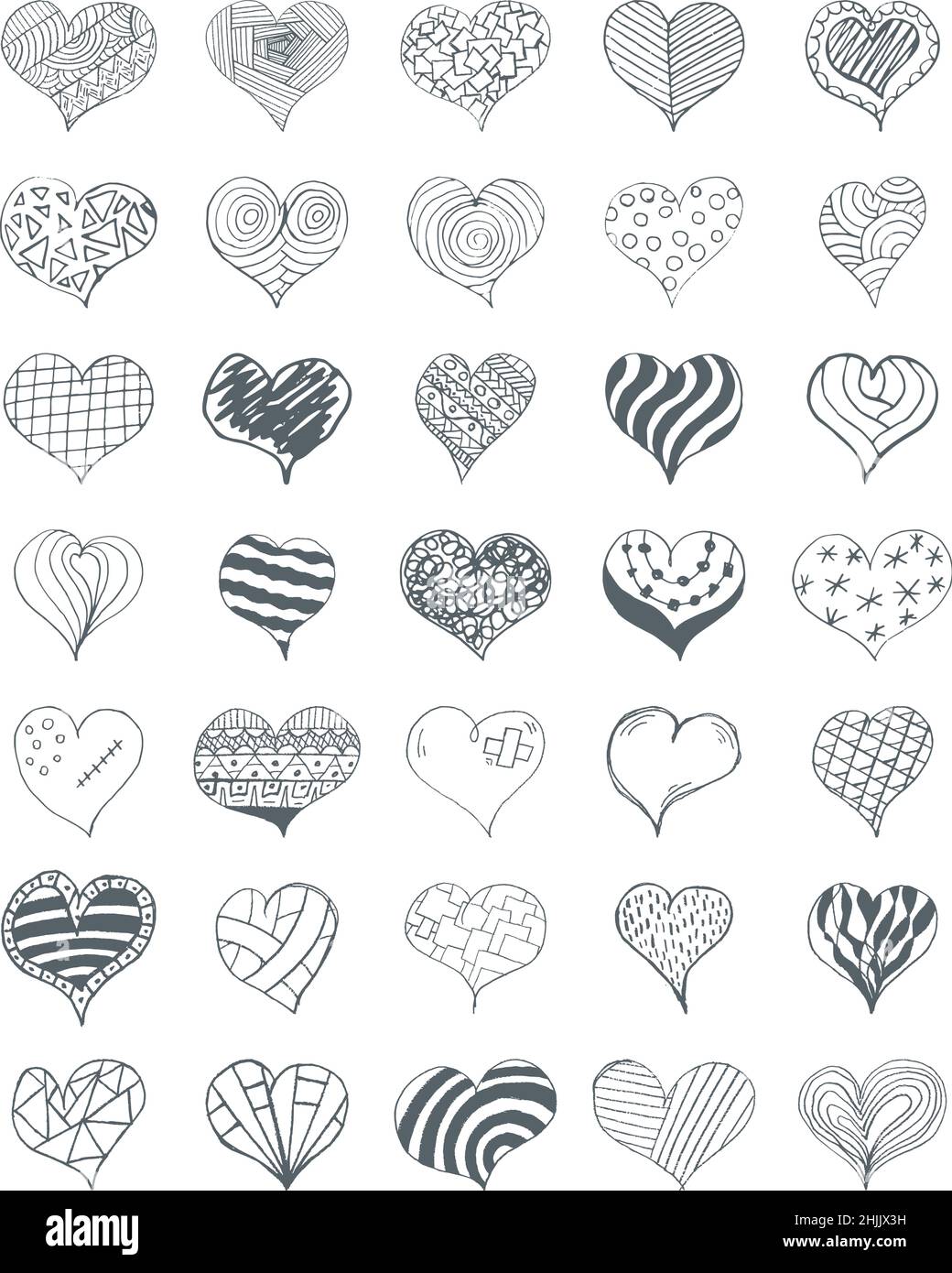 Set von Ikonen der Herzen für den Valentinstag. Doodle-Elemente. Stockfoto