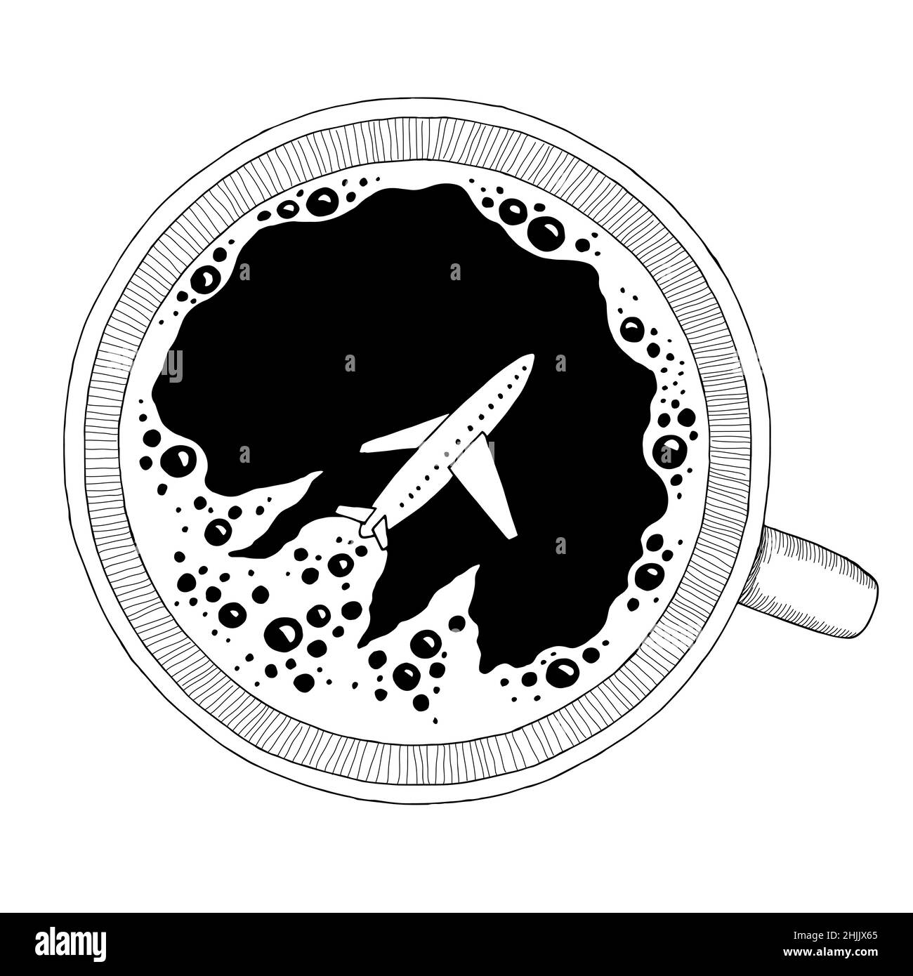 Flugzeug hebt in der Tasse Kaffee Grafik schwarz weiß isoliert Skizze Illustration Vektor Stock Vektor