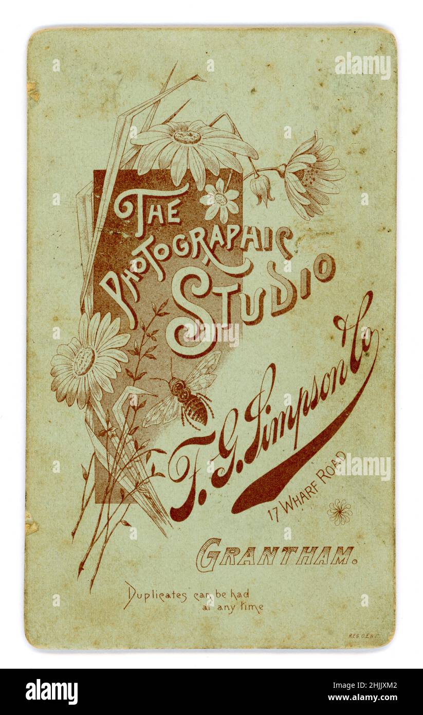 Rückseite des original viktorianischen Kabinett Studio Porträt Foto Studio von Großbritannien mit charmanten Illustration von Gartenblumen und eine Biene, F.G. Simpson & Co. 17 Wharf Road, Grantham, Lincolnshire, Großbritannien, um 1888. Stockfoto
