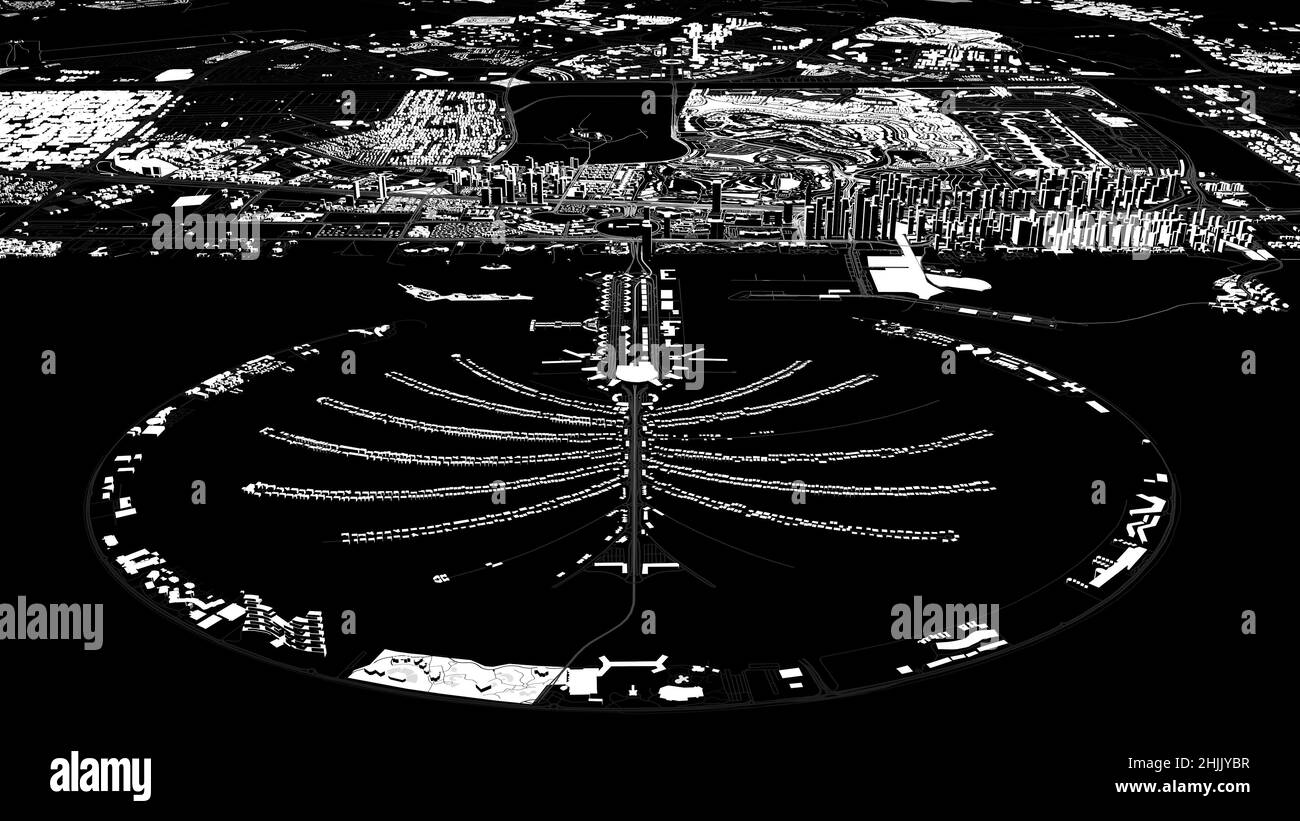 Satellitenbildkarte von Dubai, Vereinigte Arabische Emirate, Straßen der Stadt. Stadtplan und Karte des Stadtzentrums. Gebäude Silhouette, schwarz und weiß Stockfoto