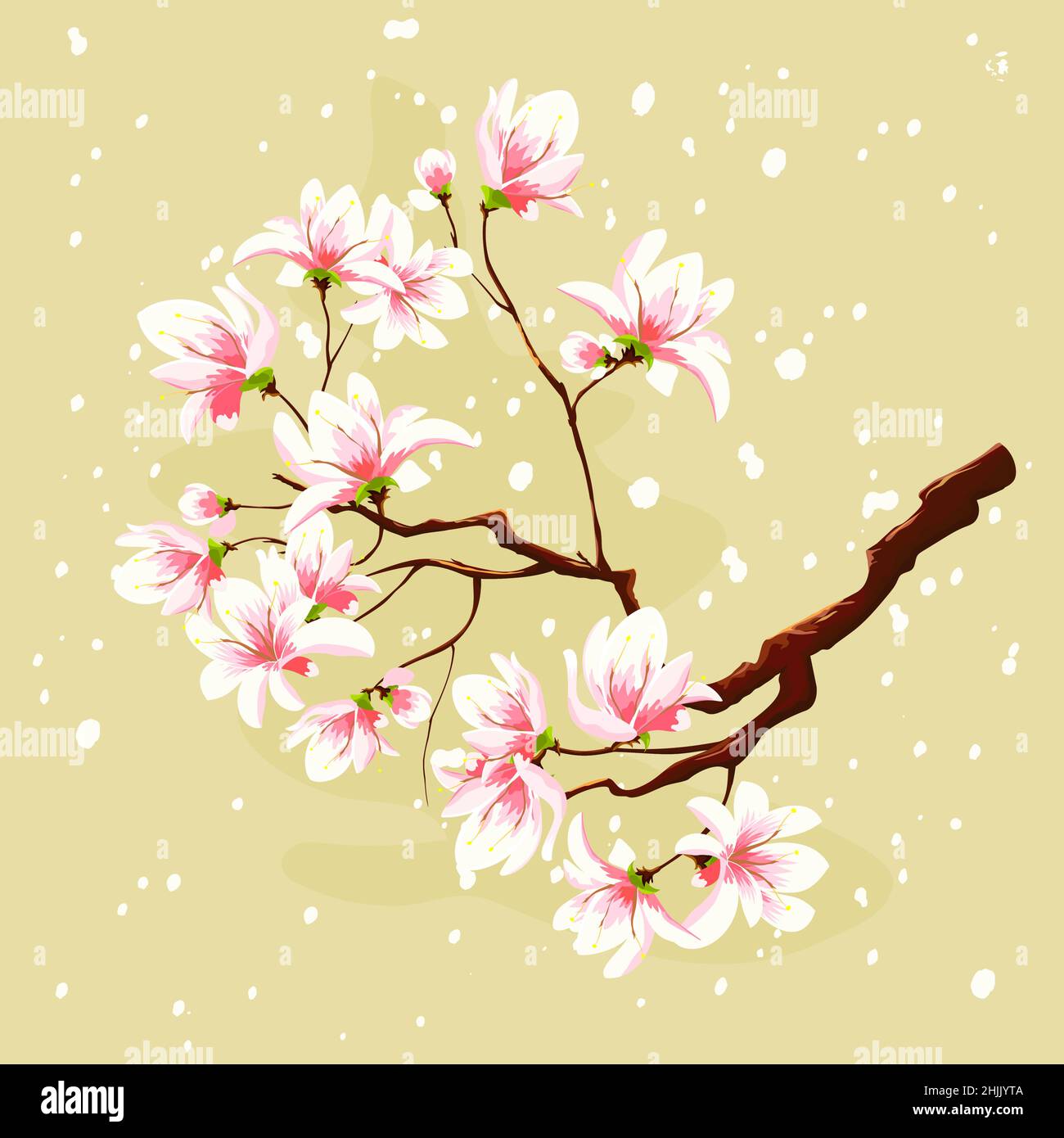 Blühender Sakura-Zweig auf einem weichen pastellfarbenen Hintergrund. Rosa zarte Blüten auf einem Baumzweig. Stock Vektor