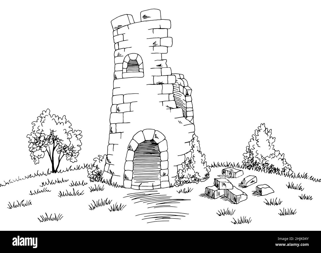 Ruined Tower mittelalterliche Grafik schwarz weiß Skizze Illustration Vektor Stock Vektor