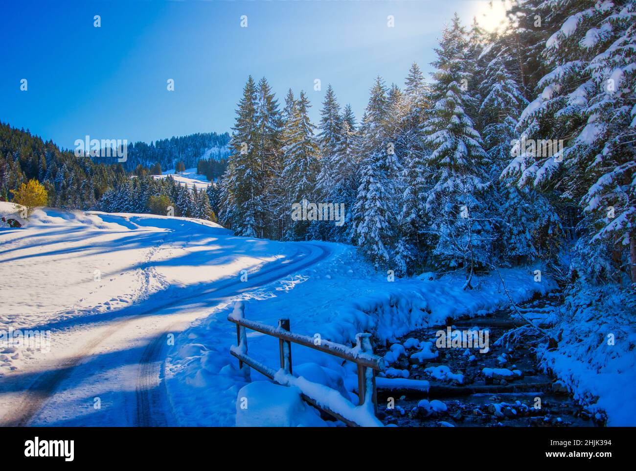 Straße durch verschneite Winterlandschaft, Sattel, Schwyz, Schweiz Stockfoto