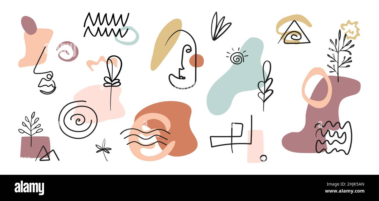 Set von handgezeichneten Figuren und Kunstobjekten, Gesichtern, Baum, Blatt, Mond. Stock Vektor