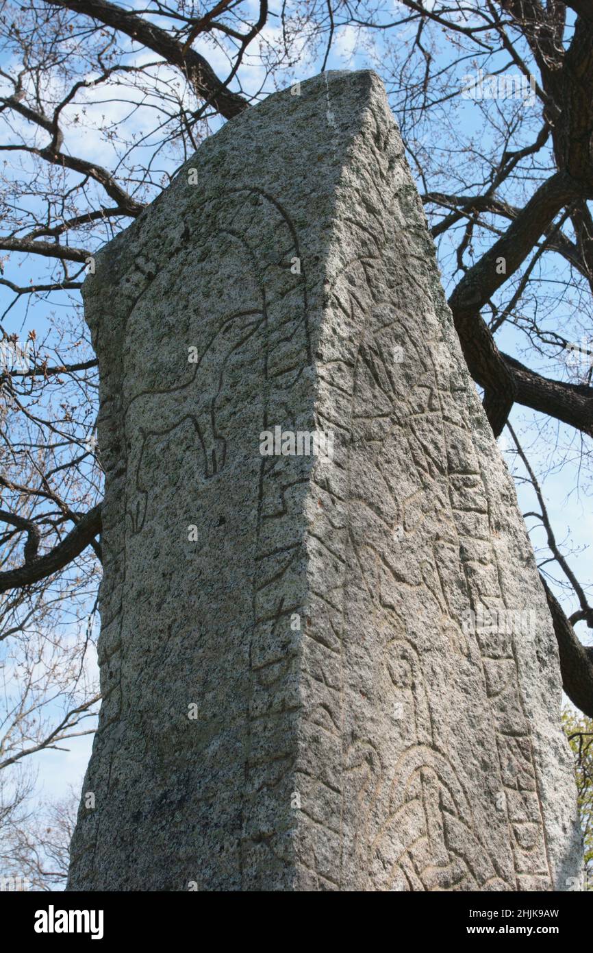 Runenstein in Schweden. Stockfoto