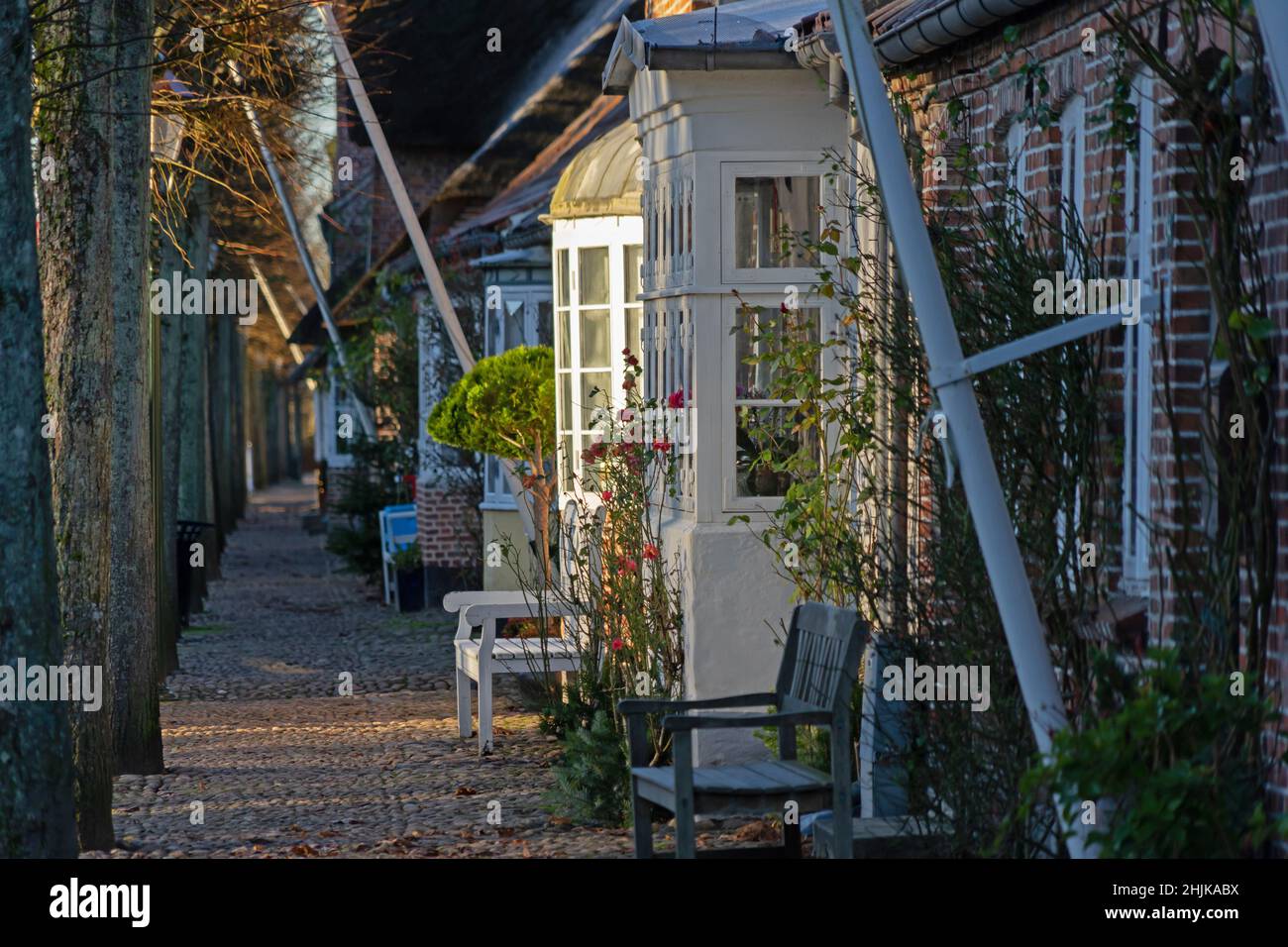 Reise Dänemark: Die Morgensonne fällt auf eine Reihe traditioneller dänischer Stadthäuser in den Slotsgaden in Møgeltønder Stockfoto