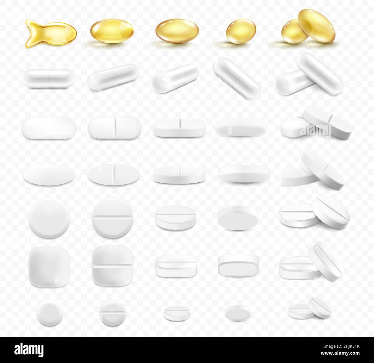 Medizinische Pillen und Kapseln Set, isoliert auf einem transparenten Hintergrund. Realistische 3D Vektorsymbole. Vitamine und Antibiotika Kapsel, glänzend goldgelb Stock Vektor