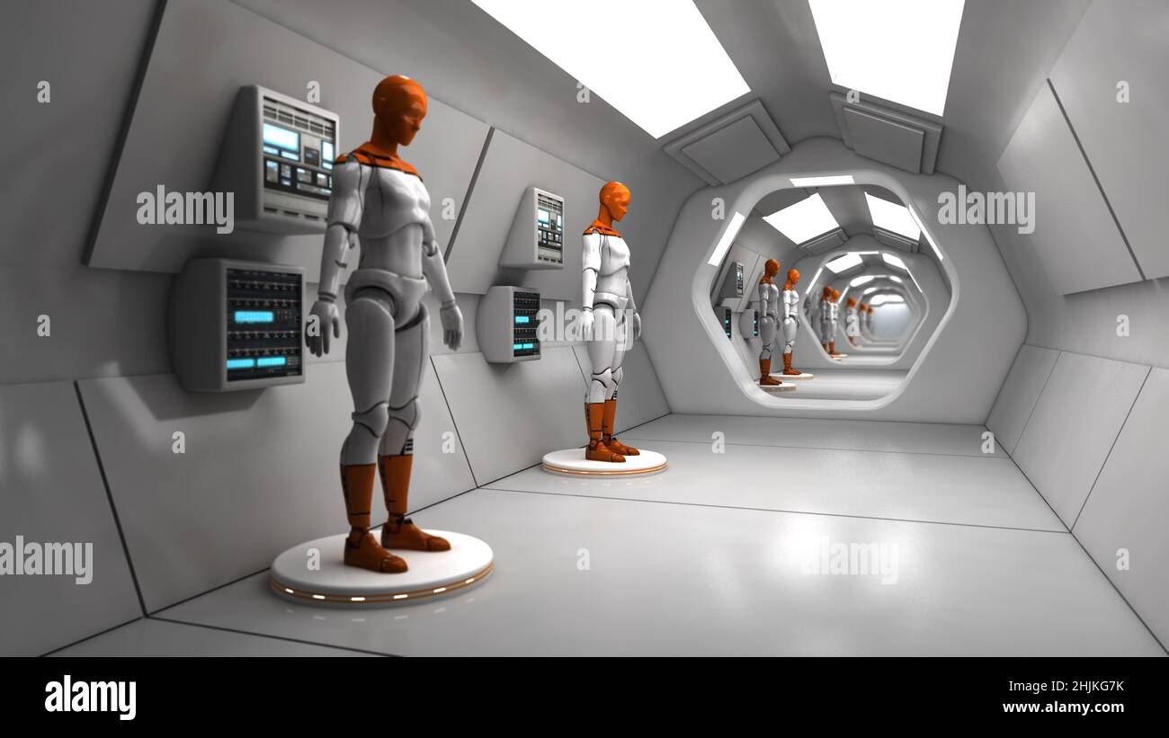 3D-Rendering. Humanoide Figuren und Sicifi-Szene Stockfoto