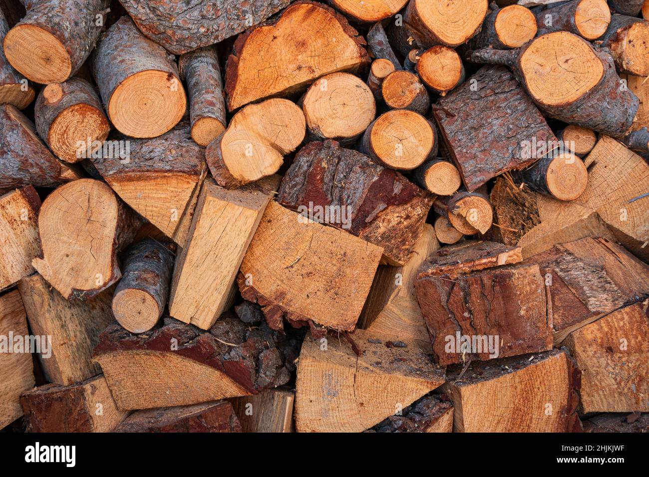 Brennholz aus mehreren Kiefernstämmen, die vertikal geschnitten und gestapelt wurden. Stockfoto