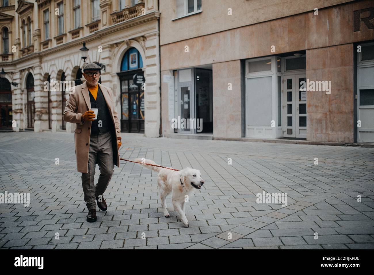 Eleganter älterer Mann mit Kaffee zum Mitnehmen, der im Winter seinen Hund im Freien in der Stadt spazieren geht. Stockfoto