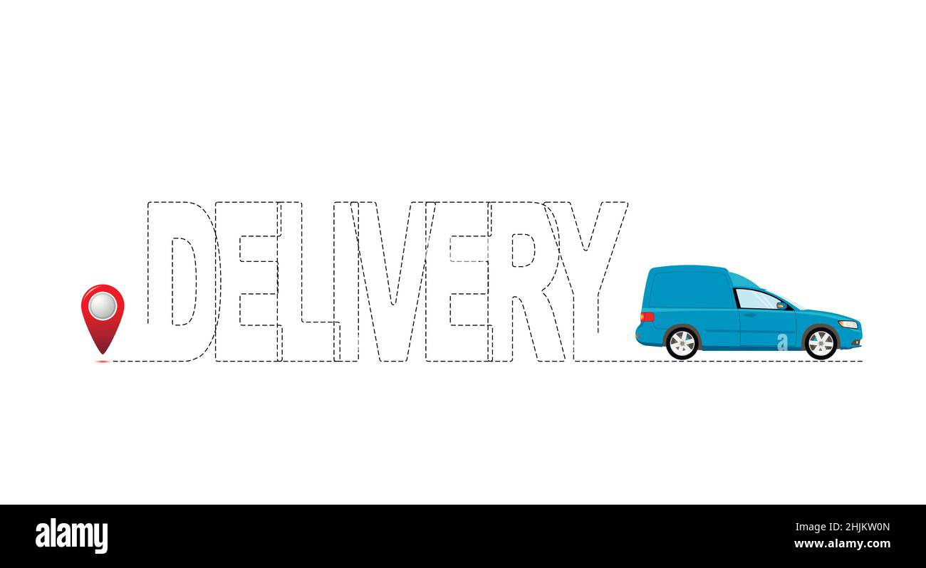 Die Inschrift Lieferung durch eine gepunktete Linie in Form einer Route mit einem Startpunkt und einem Lieferfahrzeug. Lieferkonzept. Vektorgrafik flach Stock Vektor