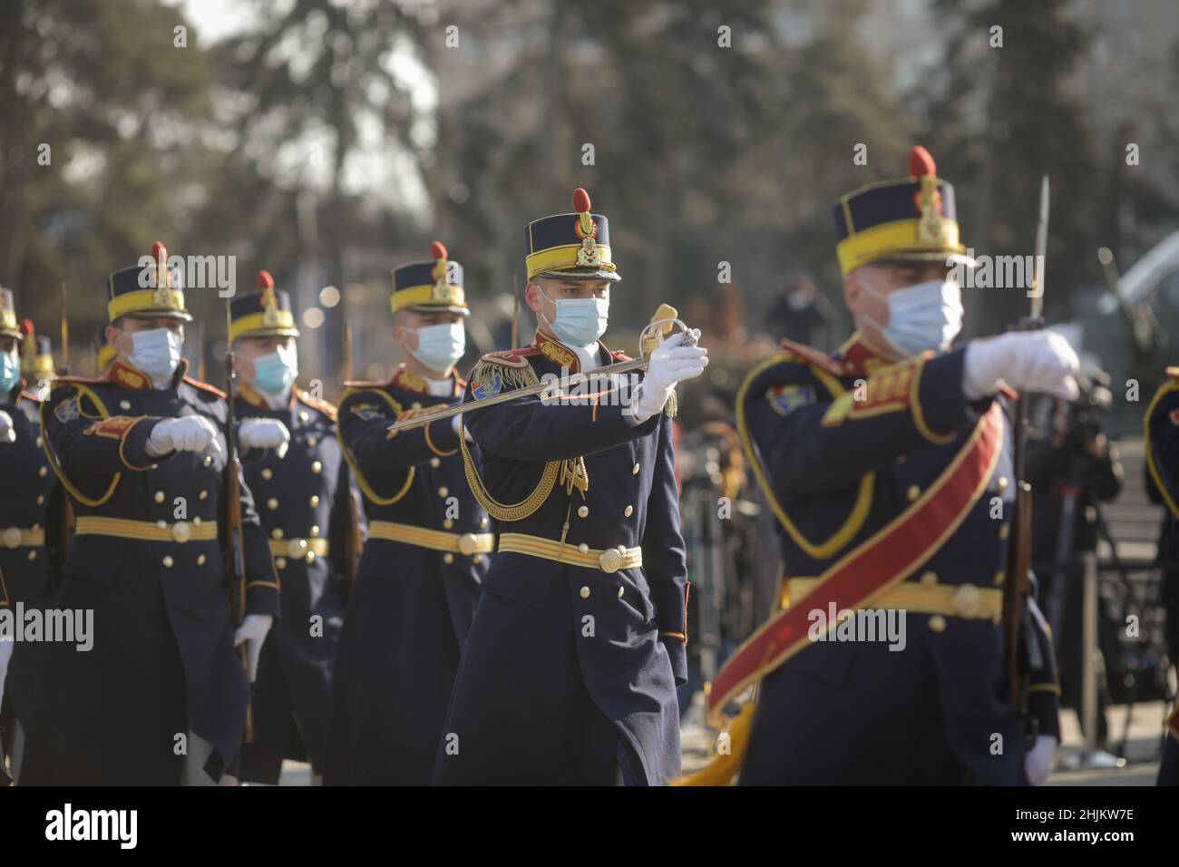 Bukarest, Rumänien - 24. Januar 2022: Michael the Brave 30th Garde Brigade Soldaten während einer Zeremonie. Stockfoto