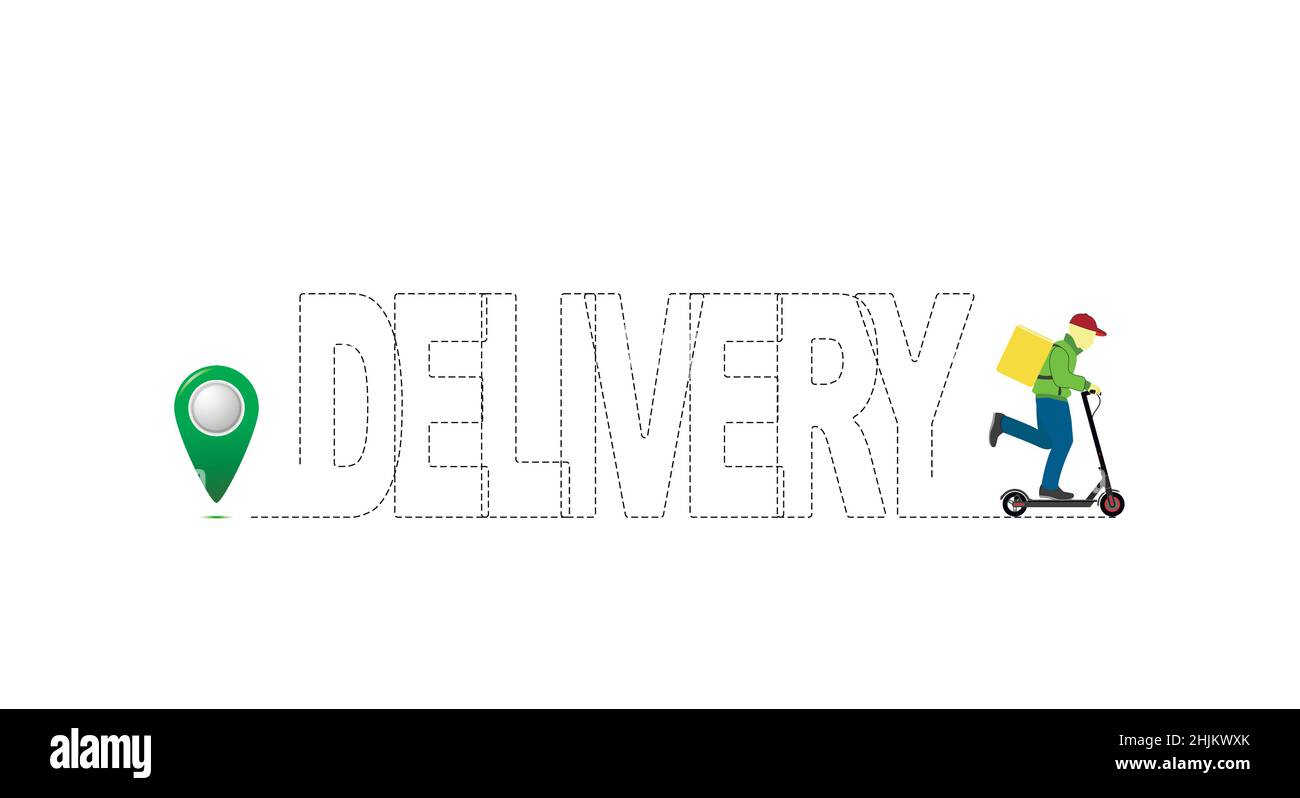 Die Inschrift Lieferung ist in Form einer Route mit einem Startpunkt und einer Person auf einem Roller punktiert. Lieferkonzept. Flache Vektorgrafik. Stock Vektor