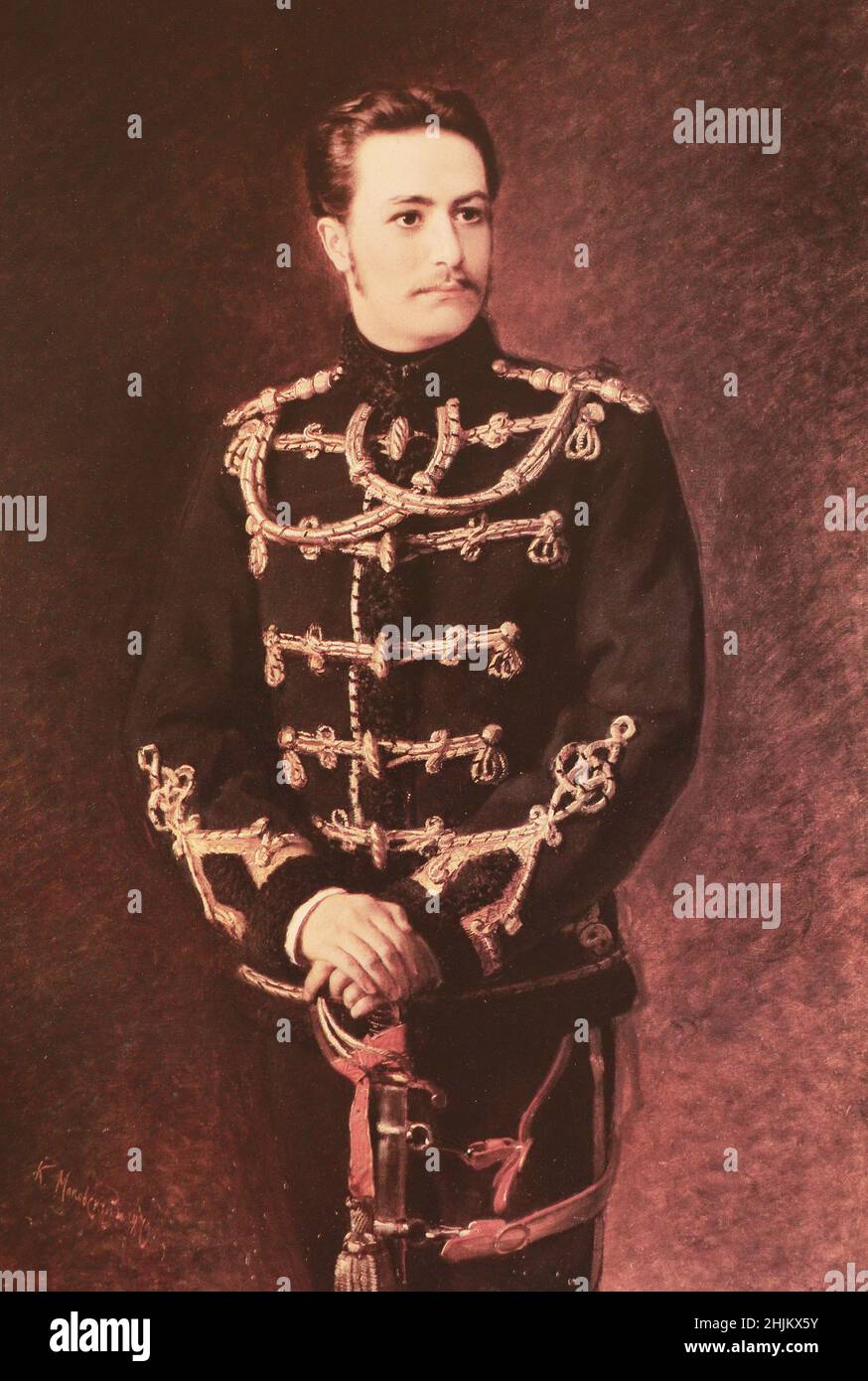 Porträt des Leutnants des Husaren-Regiments der Lebensgarde des russischen Imperium Graf G.A. Bobrinsky. Gemälde von 1879. Stockfoto