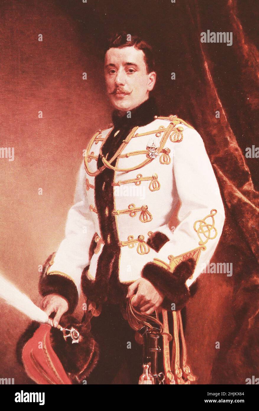 Porträt des Kornett des Husaren-Regiments DER Lebensgarde P. M. Raevsky. Gemälde von 1913. Stockfoto