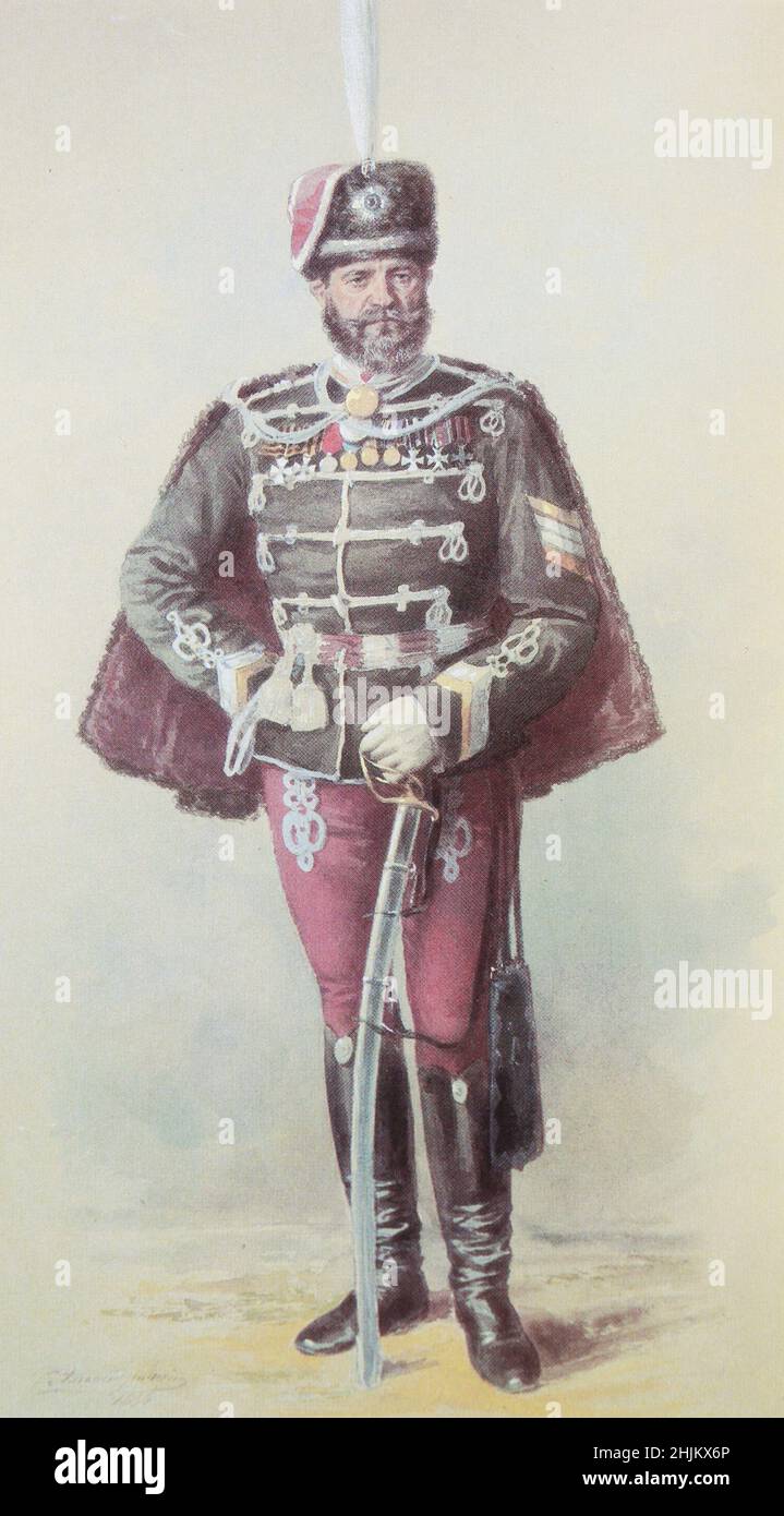 Sergeant-Major der Lebenswachen der Grodno-Hussaren Iwan Babich. Gemälde von 1886. Stockfoto