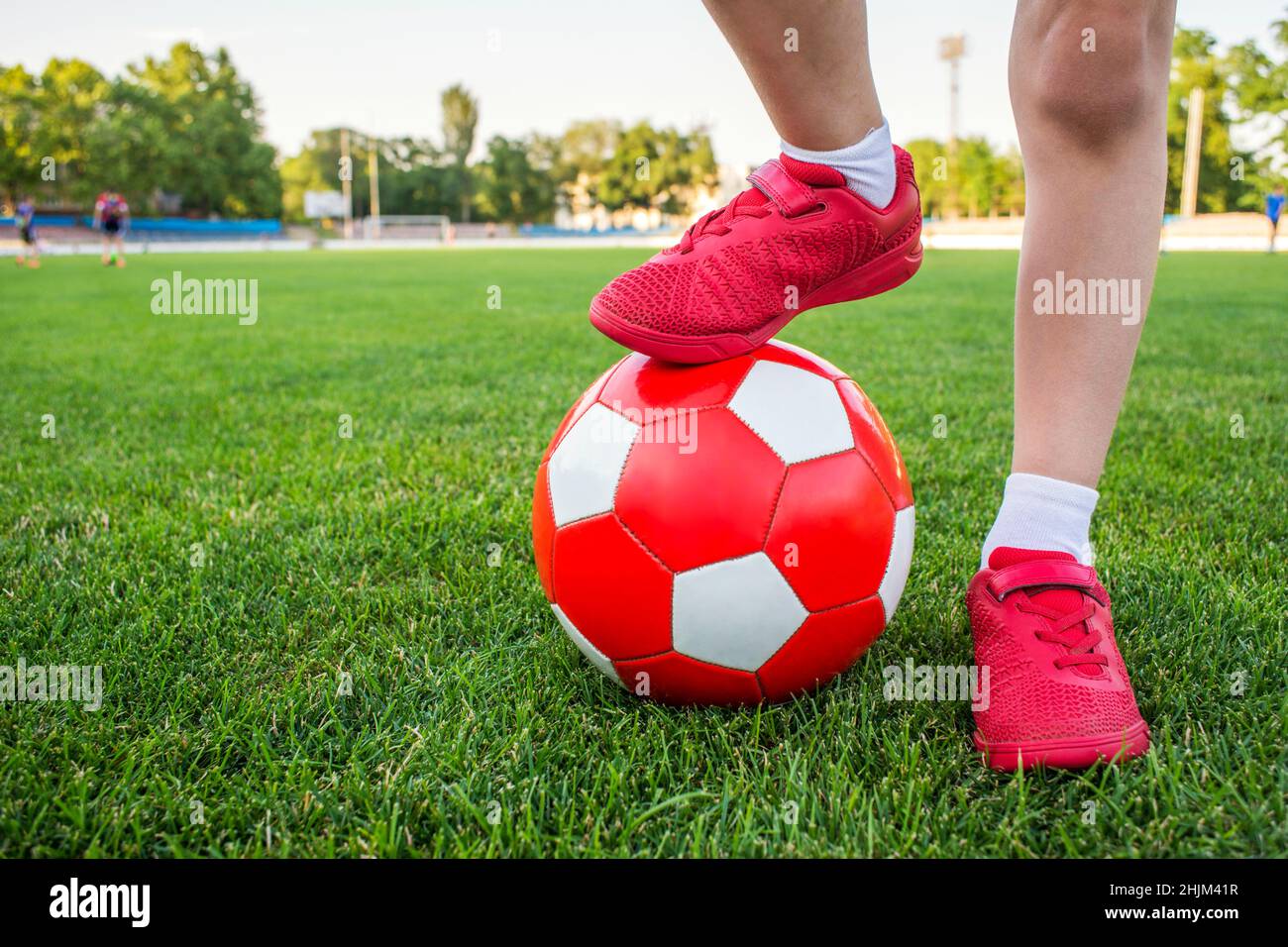 Ein Junge steht auf dem Fußballfeld des Stadions und hält seinen Fuß auf einem Fußball. Kinder spielen Fußball auf dem Rasen. Schulung oder Wettbewerb Co Stockfoto
