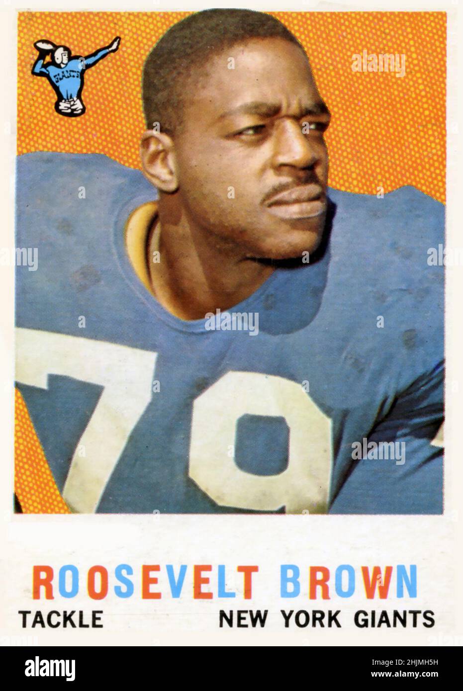 1959 Topps Fußballkarte mit Roosevelt Brown und den New York Giants. Stockfoto
