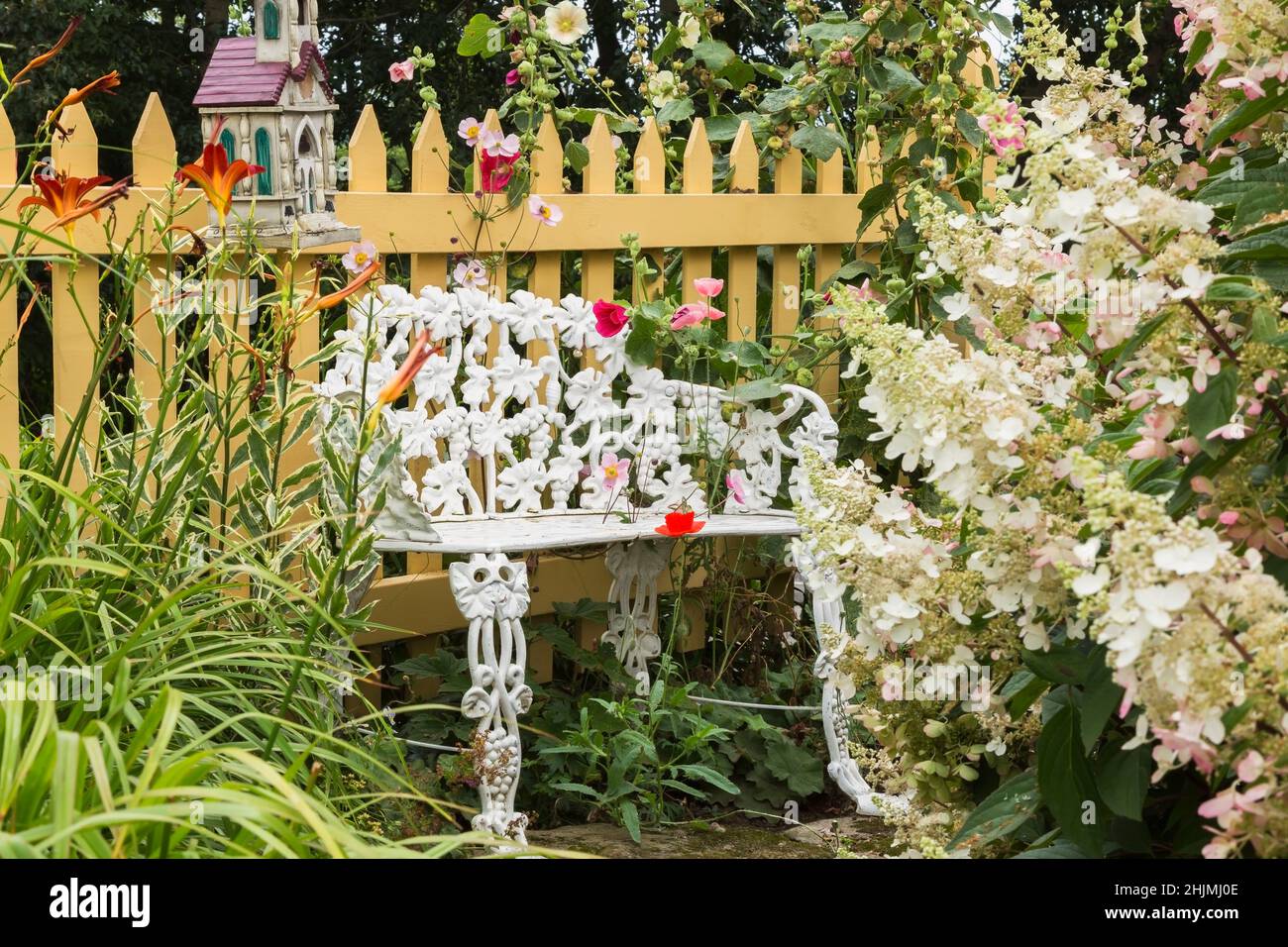 Weiß bemalte gusseiserne Sitzbank im viktorianischen Stil, umrandet von roten Papaver - Poppy, Alcea rosea - Hollyhock Blumen im Vorhof Landgarten. Stockfoto