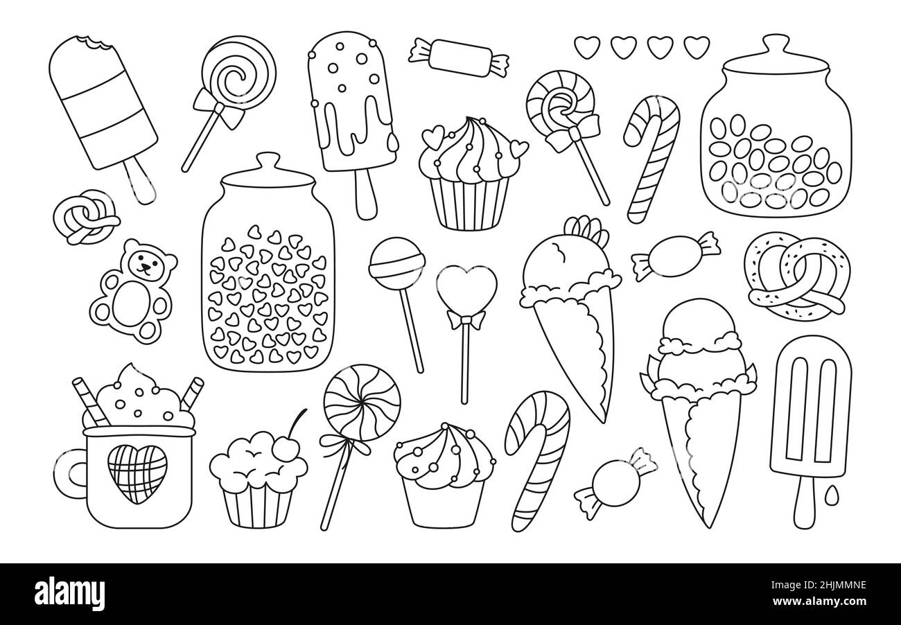 Süßwaren-Doodle-Set, Gelee-Bär, Spirallutscher, Brezel-Karamell. Kawaii Party skizzieren süße Lebensmittel Sammlung. Feiertage Feiern Sie Hochglanzzucker-Dessert. Überraschungszeichnung isolierte Vektorgrafik Stock Vektor