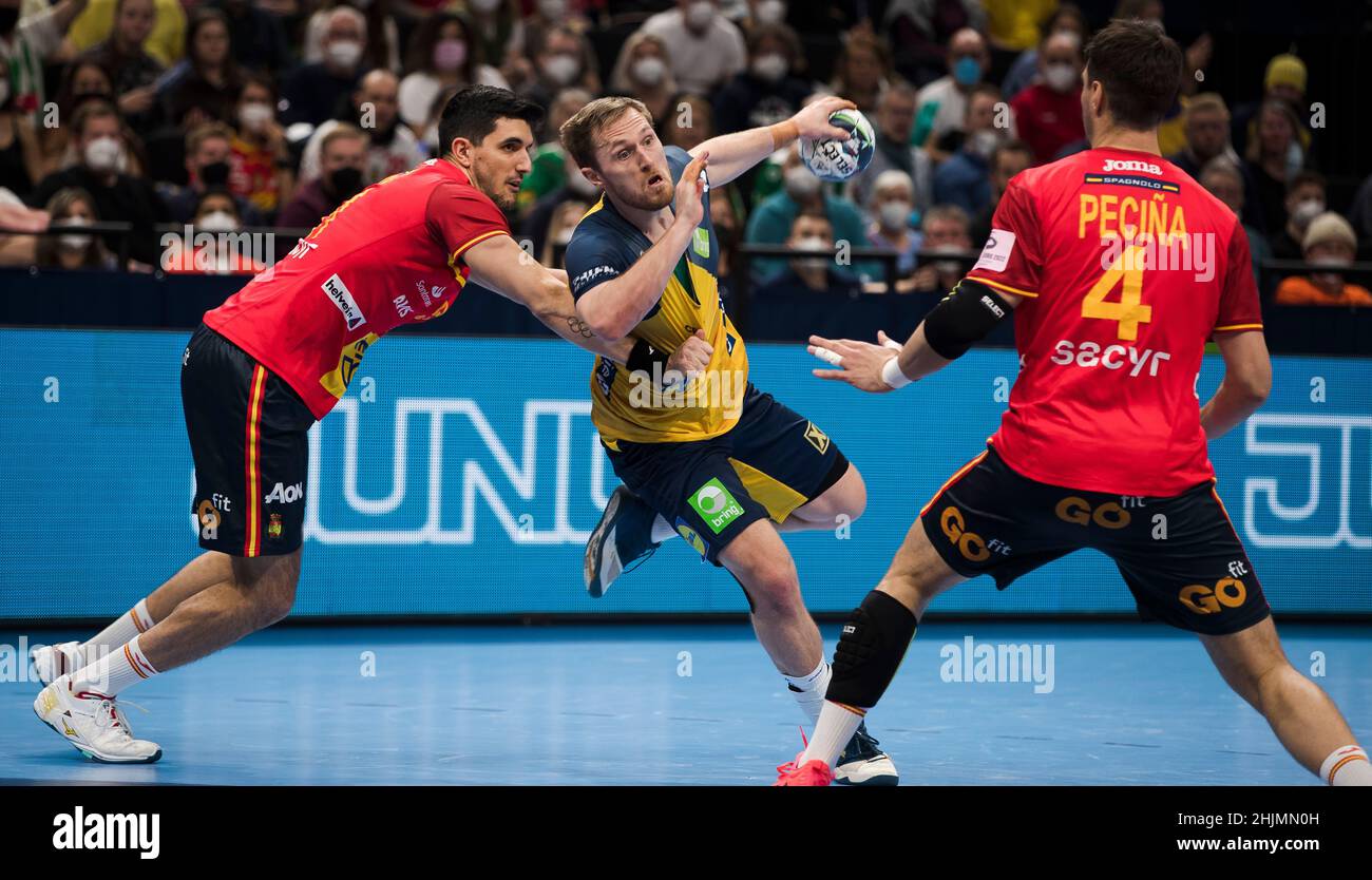 Budapest, Ungarn, 30th. Januar 2022. Albin Lagergren aus Schweden in Aktion während des EHF-EM 2022-Finalmatches der Herren zwischen Schweden und Spanien in Budapest, Ungarn. 30. Januar 2022. Kredit: Nikola Krstic/Alamy Stockfoto