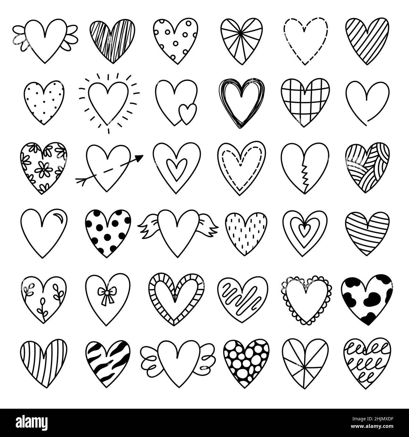 Set von niedlichen Doodle Herzen für Valentinstag isoliert auf weißem Hintergrund. Handgezeichnete Vektorgrafik. Perfekt für Urlaubsdesigns, Karten, Einladungen, Dekorationen. Romantische Clipart-Kollektion. Stock Vektor