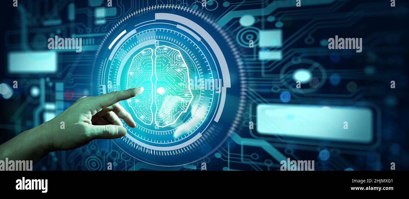 Künstliche Intelligenz, Ai-Konzept. Geschäftsmann, der Automatisierungstechnik und maschinelles Lernen in Business-Internet-Technologie verwendet. Stockfoto