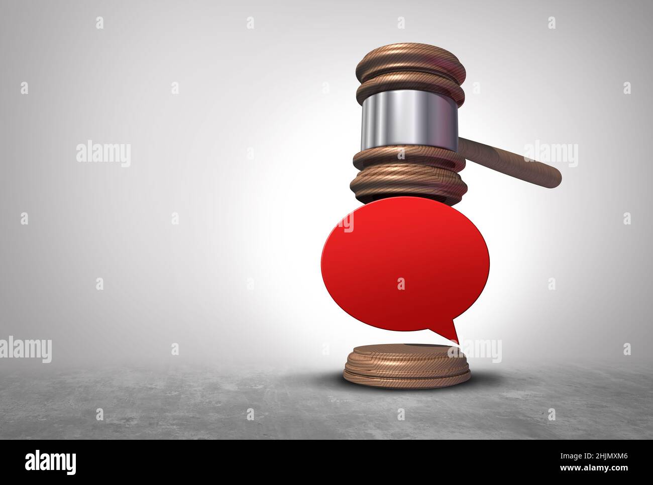 Redegesetze und Hass Rede Gesetz Konzept oder illegale Fehlinformation und Meinungsfreiheit oder Zensur Symbol als Richter Gavel. Stockfoto