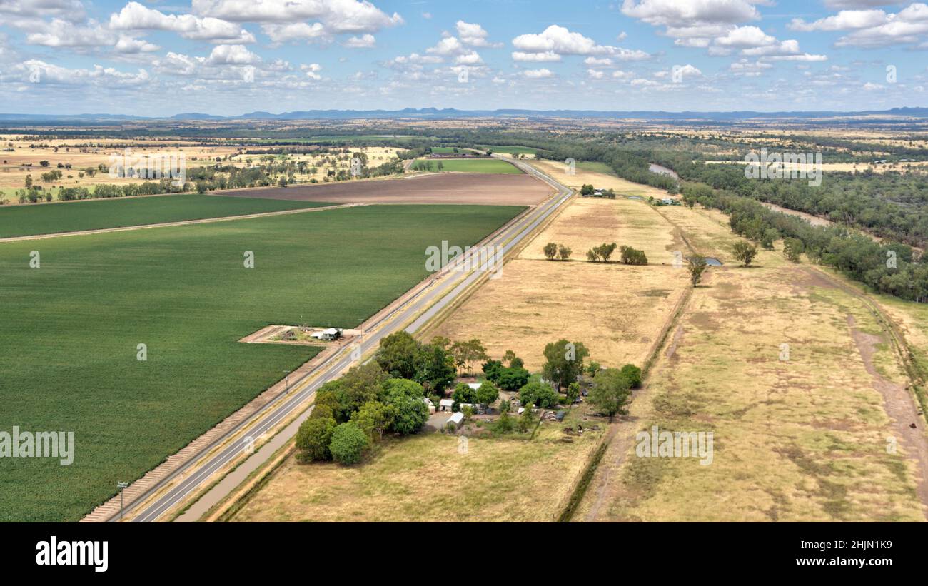 Luftaufnahme von bewässerten Baumwollfeldern aus dem Dawson River Theodore Queensland Australia Stockfoto
