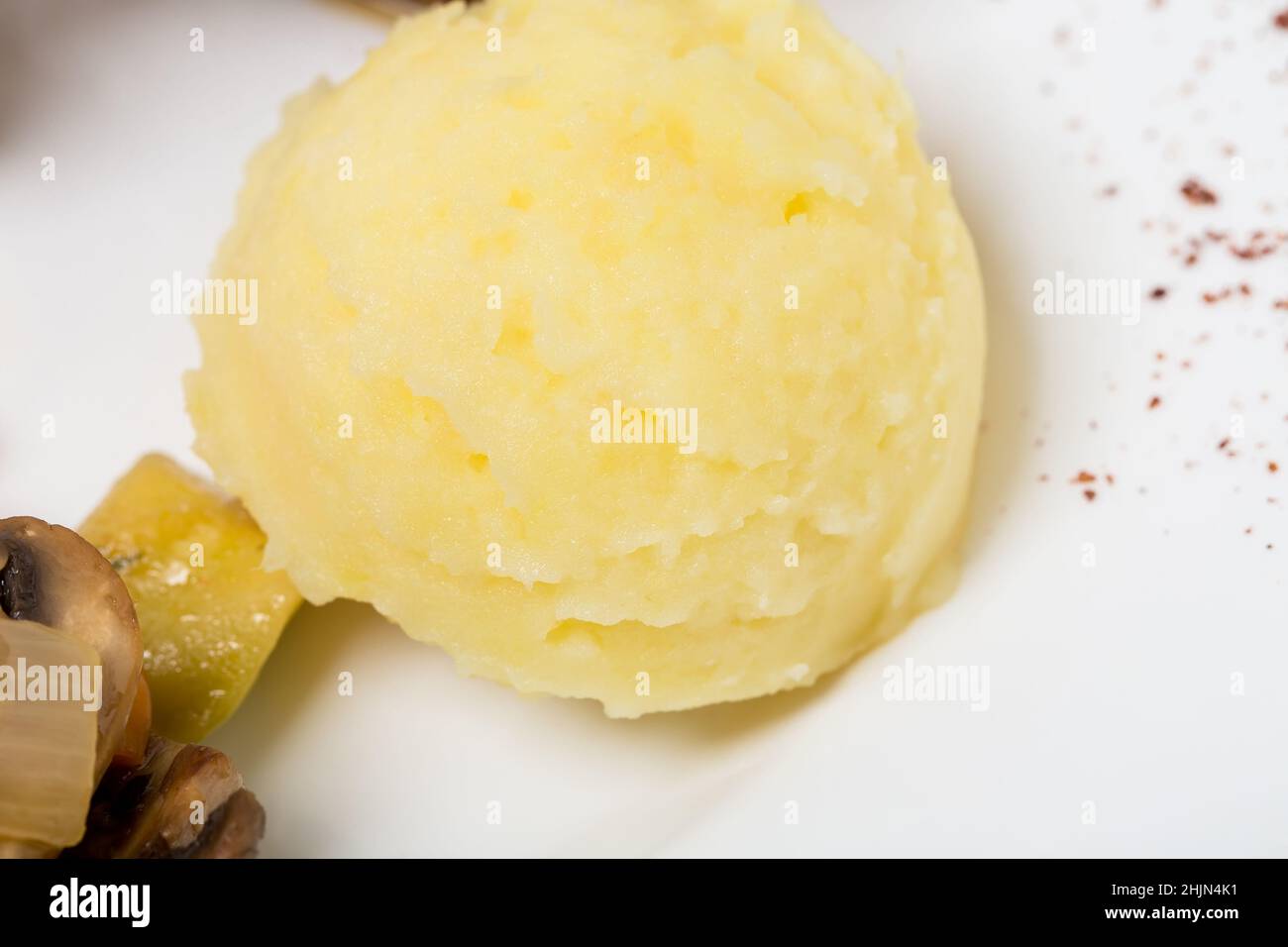 Leckere Kartoffelpüree. Kann als ganzer Hintergrund verwendet werden. Stockfoto