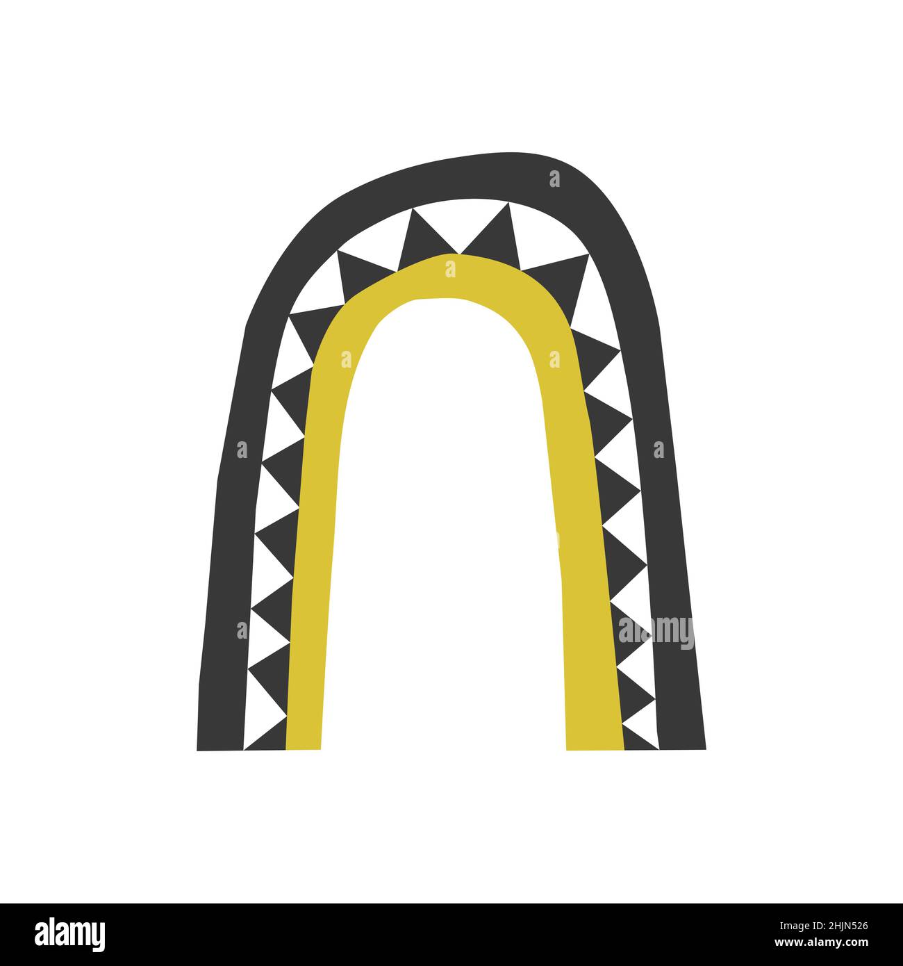 Vector isoliert skandinavischen Konzept. Bogen oder Regenbogen ist schwarz, gelb und mit Dreiecks-Ornamentlinien verziert. Flaches Symbol der Gemütlichkeit. Geometrisch einfach Stock Vektor