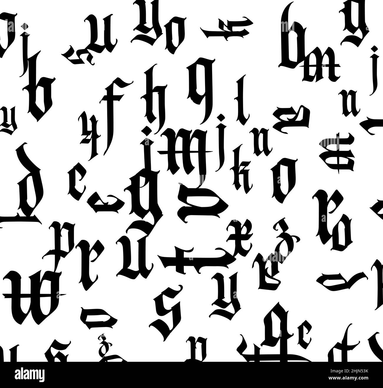 Gotische Schrift, Komposition. Vektor. Mittelalterliche lateinische Buchstaben. Zufällige Buchstaben in zufälliger Reihenfolge. Schwarze Buchstaben auf weißem Hintergrund isoliert. Design für fabrii Stock Vektor