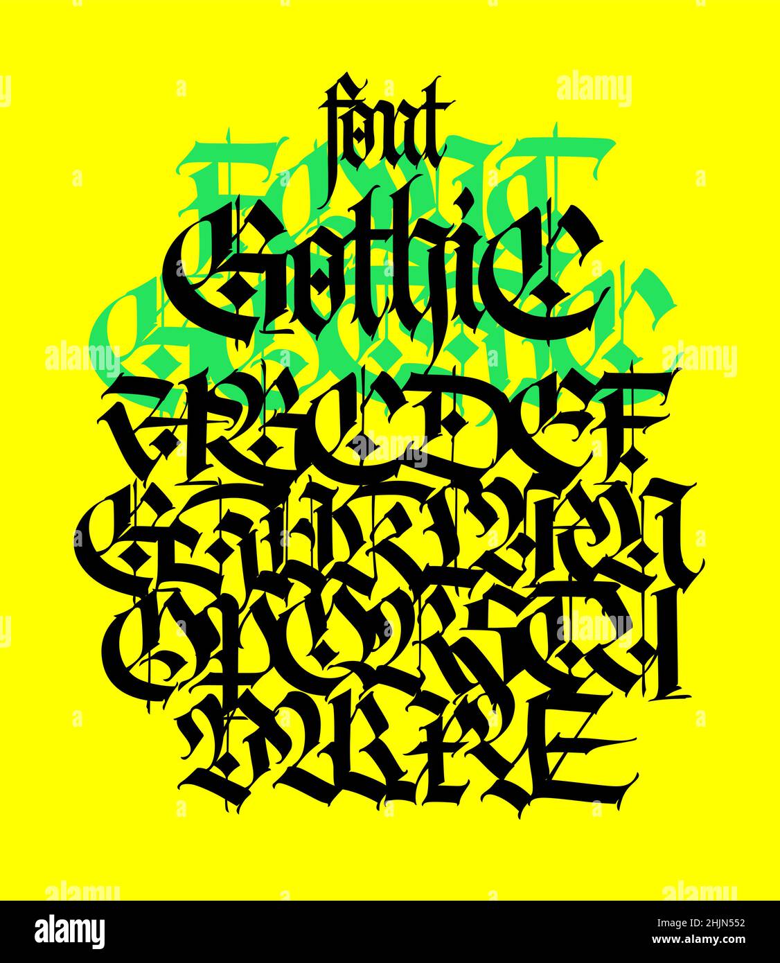 Gothic. Vektor. Großbuchstaben auf gelbem Hintergrund. Schöne und stilvolle Kalligraphie. Elegante europäische Schrift für Tattoo und Design. Mittelalterlich Stock Vektor