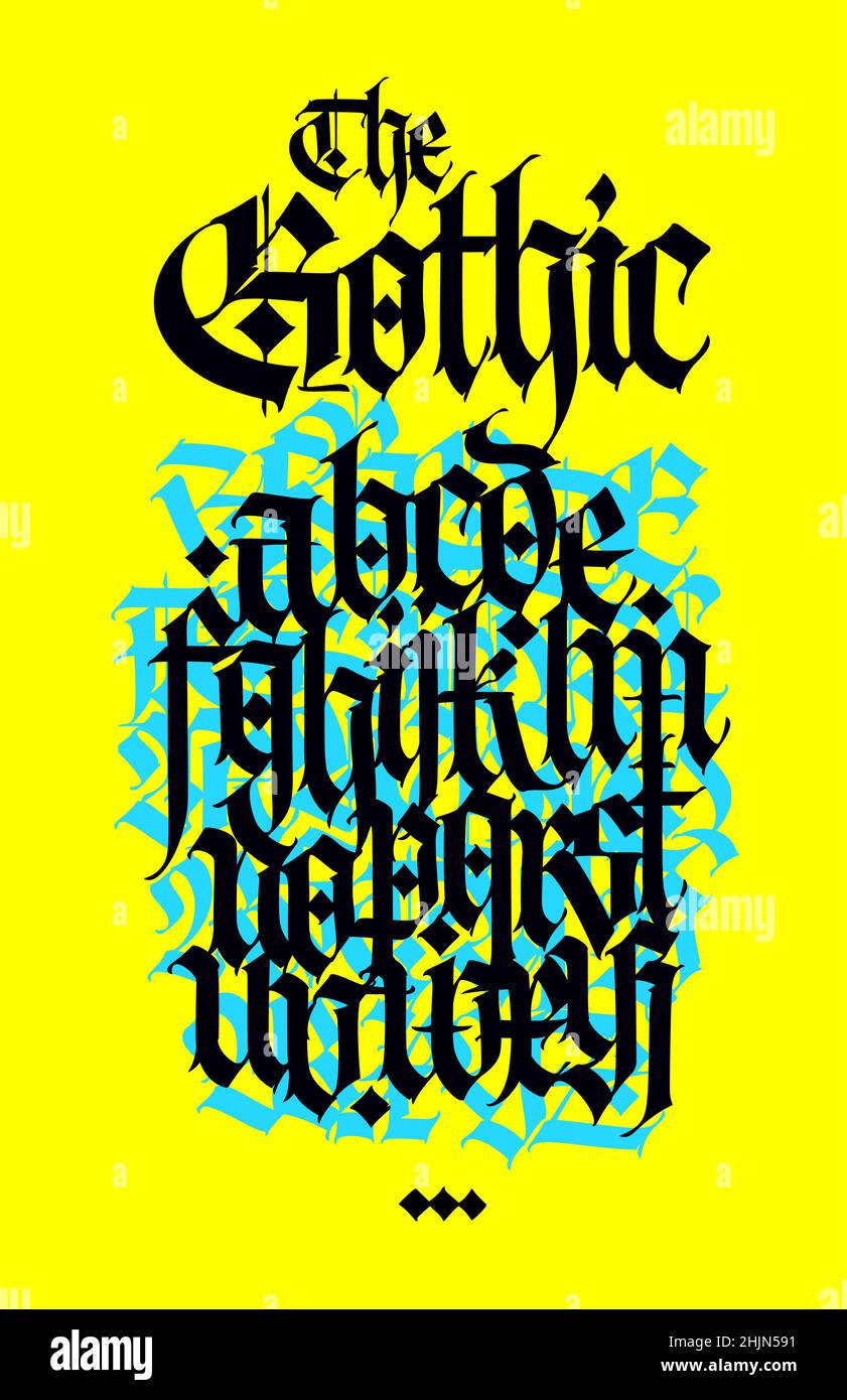 Gothic. Vektor. Schwarze Kleinbuchstaben auf gelbem Hintergrund. Schöne und stilvolle Kalligraphie. Elegante europäische Schrift für Tattoo und Design. Mediev Stock Vektor
