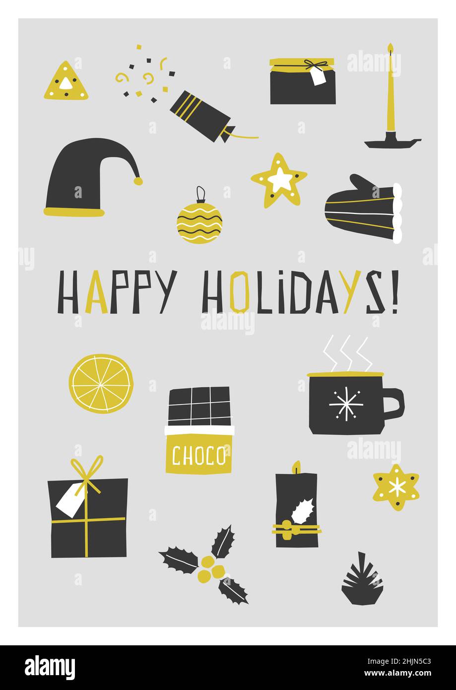 Vektor-Geschenkkarte mit Text - Happy Holidays. Poster ist mit weihnachtlichen Elementen verziert. Weihnachtsmütze, Kekse, Geschenkbox, Kerze schaffen magische Stimmung. Symbol Stock Vektor