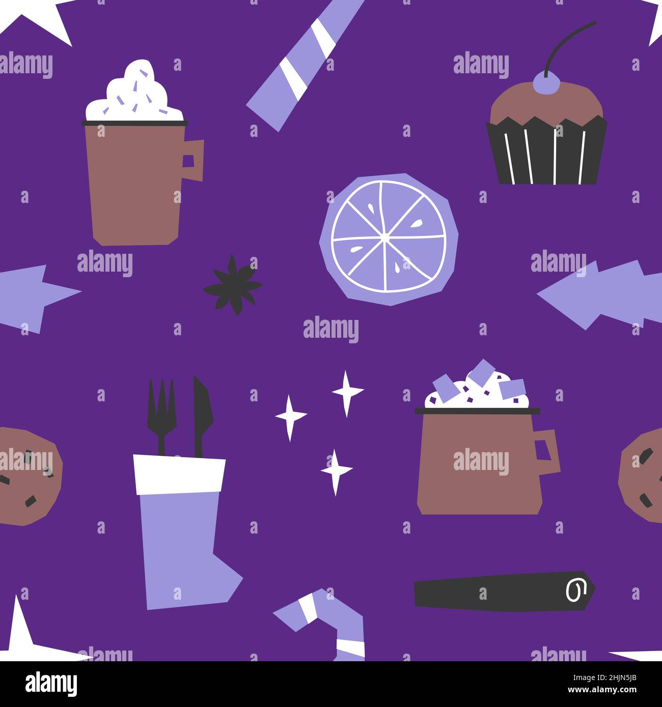 Vektor-Nahtloses Muster mit flachen Elementen für Weihnachten und Silvester-Dinner. Servieren mit Kakaobechern, Cupcakes, Süßigkeiten und Zimtstange auf violettem Ba Stock Vektor