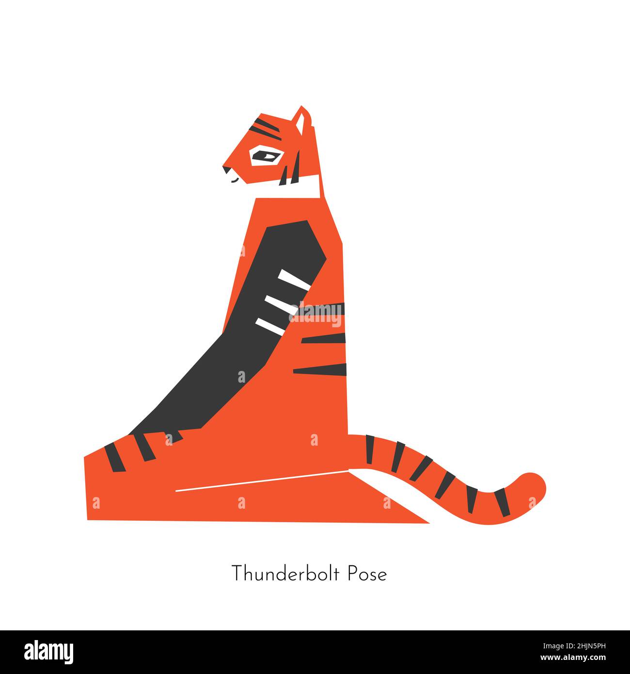 Vektor flache Illustration mit Meditation Tier Charakter. Chinesischer Tiger lernt entspannende Haltung und tut Thunderbolt Pose bei Yoga-Praxis. Einfache exe Stock Vektor