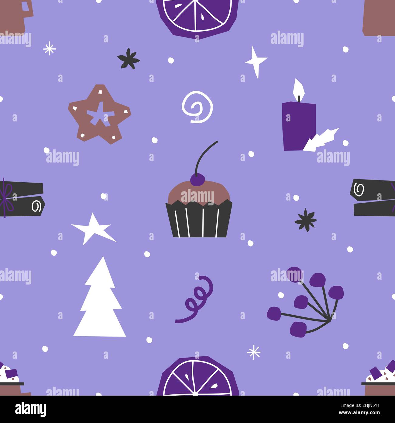 Vektor-Nahtloses Muster mit flachen Elementen für Weihnachten und Silvester-Dinner. Cupcake, Kerze, Kakaotasse, Zimt schaffen magische Weihnachtsstimmung Serviertabl Stock Vektor