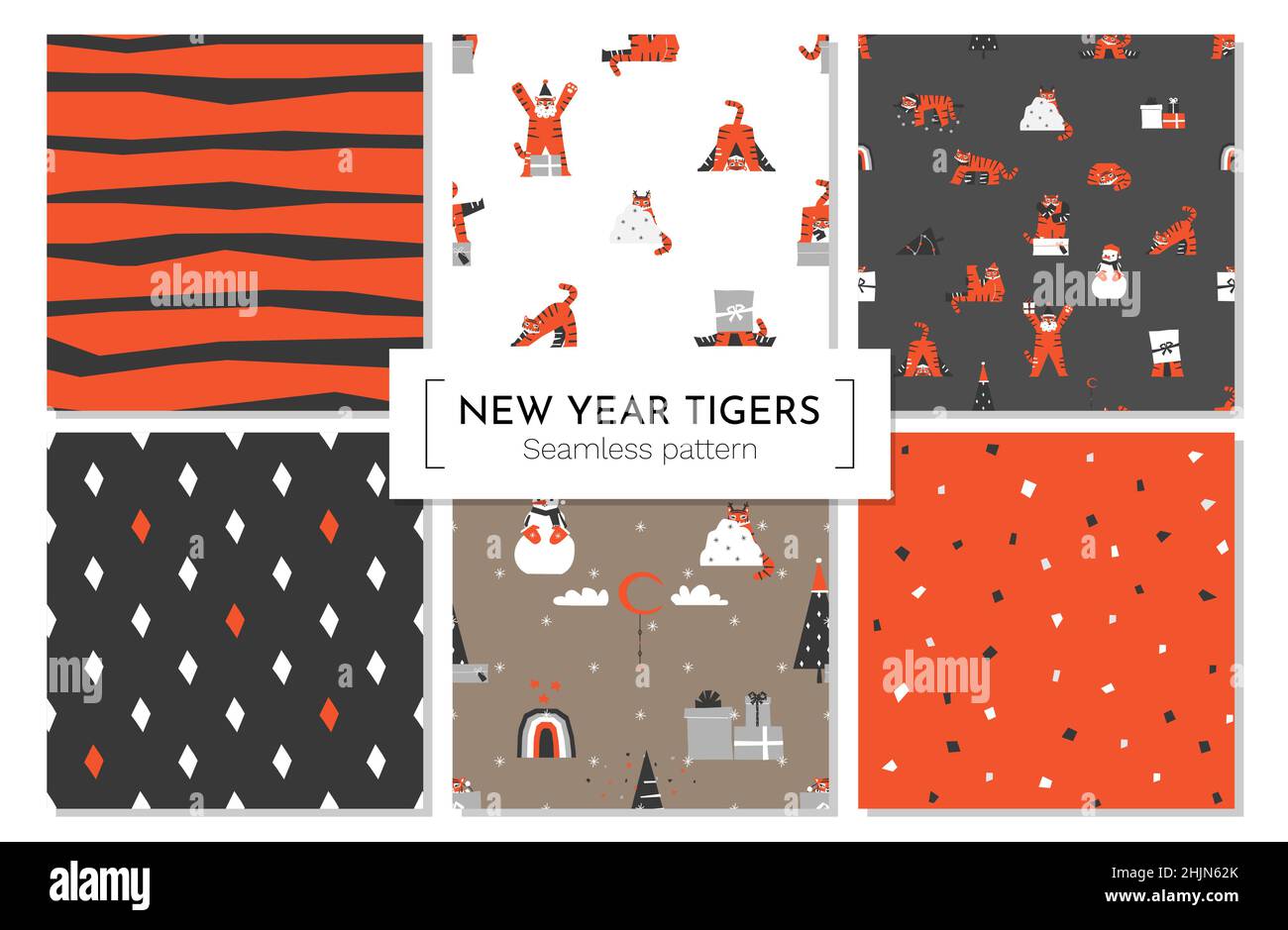 Vector Kollektion von nahtlosen geometrischen abstrakten und tierischen Mustern mit orangefarbenen asiatischen Tigern. Design-Set für Textil- oder Geschenkpapier. Flacher Charakter Stock Vektor