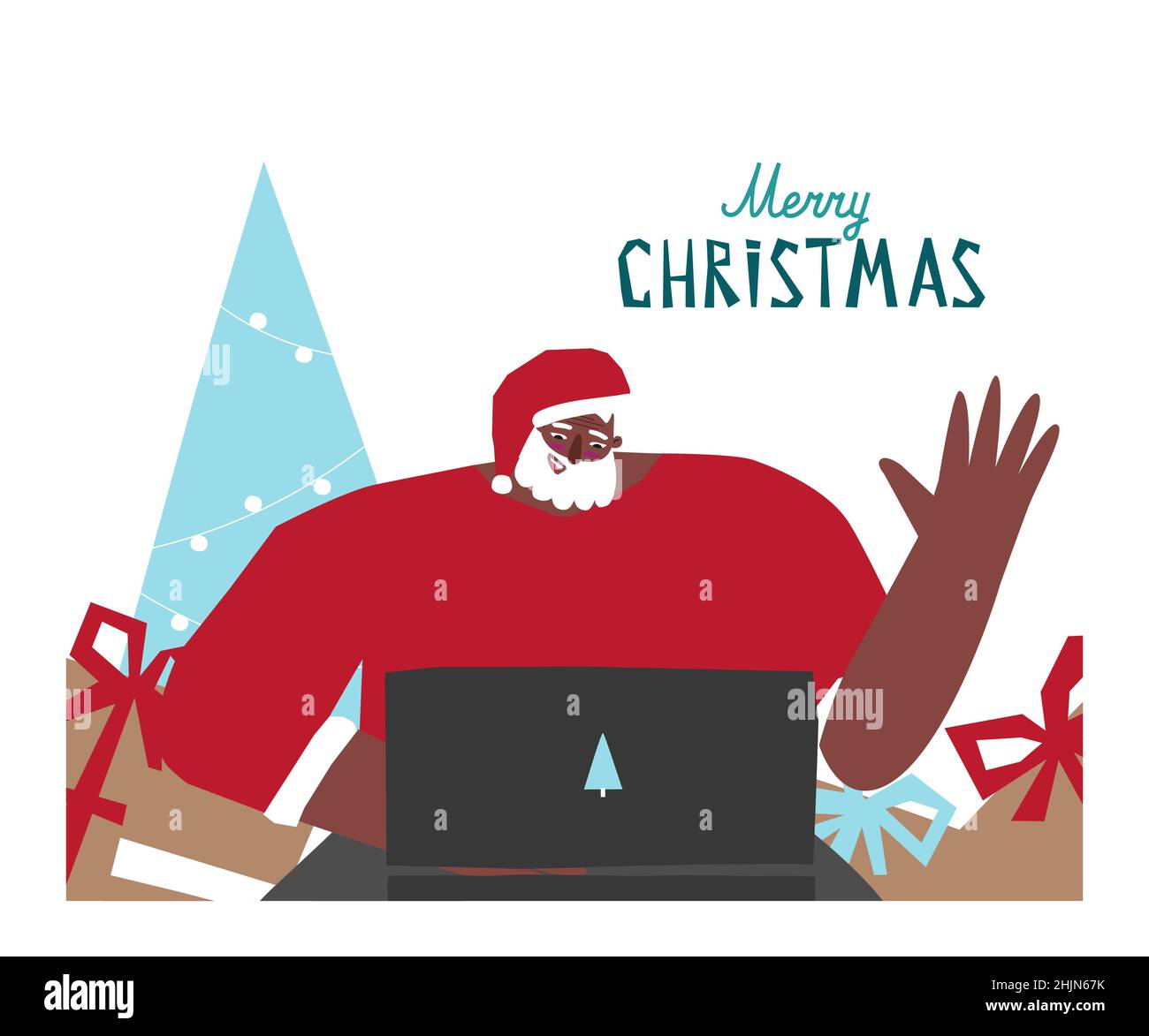 Vektor-Konzept mit flachem Charakter des afroamerikanischen Weihnachtsmanns in der Nähe von Geschenkboxen, weihnachtsbaum. Er spricht mit Kindern über Online-Streaming auf Compu Stock Vektor